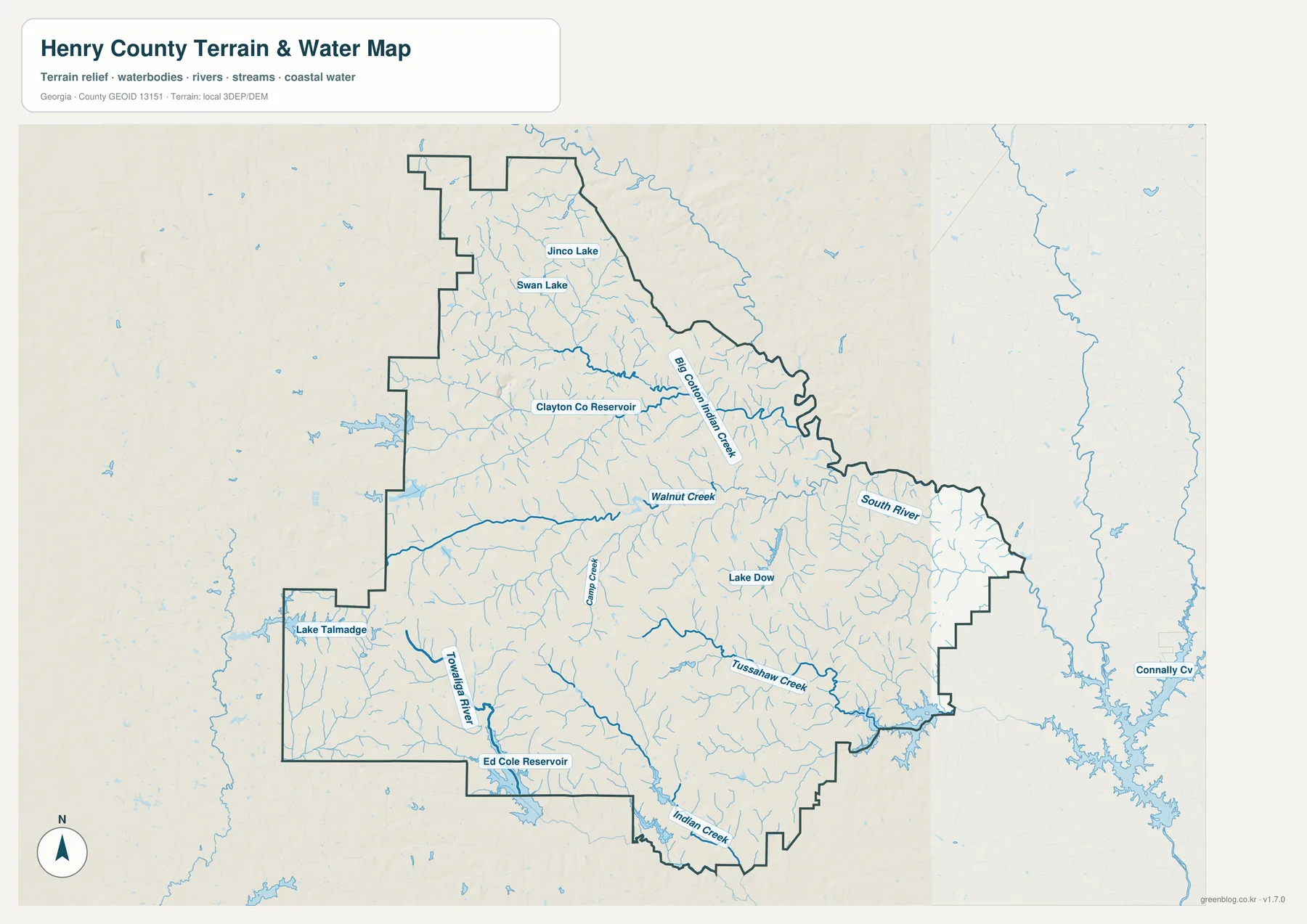 헨리 카운티 수역 지도에 표시된 Big Cotton Indian Creek, Walnut Creek, South River, Towaliga River, Tussahaw Creek, Indian Creek, Lake Dow와 여러 저수지