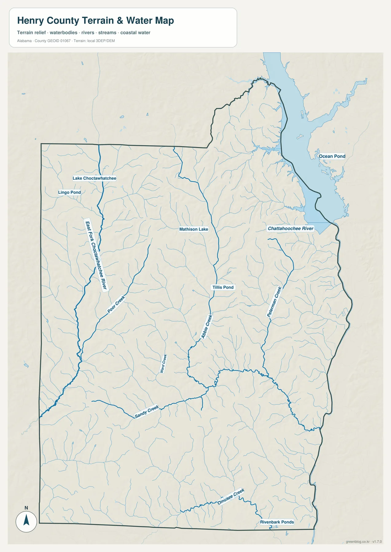 Chattahoochee River, Abbie Creek과 여러 지류가 표시된 Henry County 수역 지도