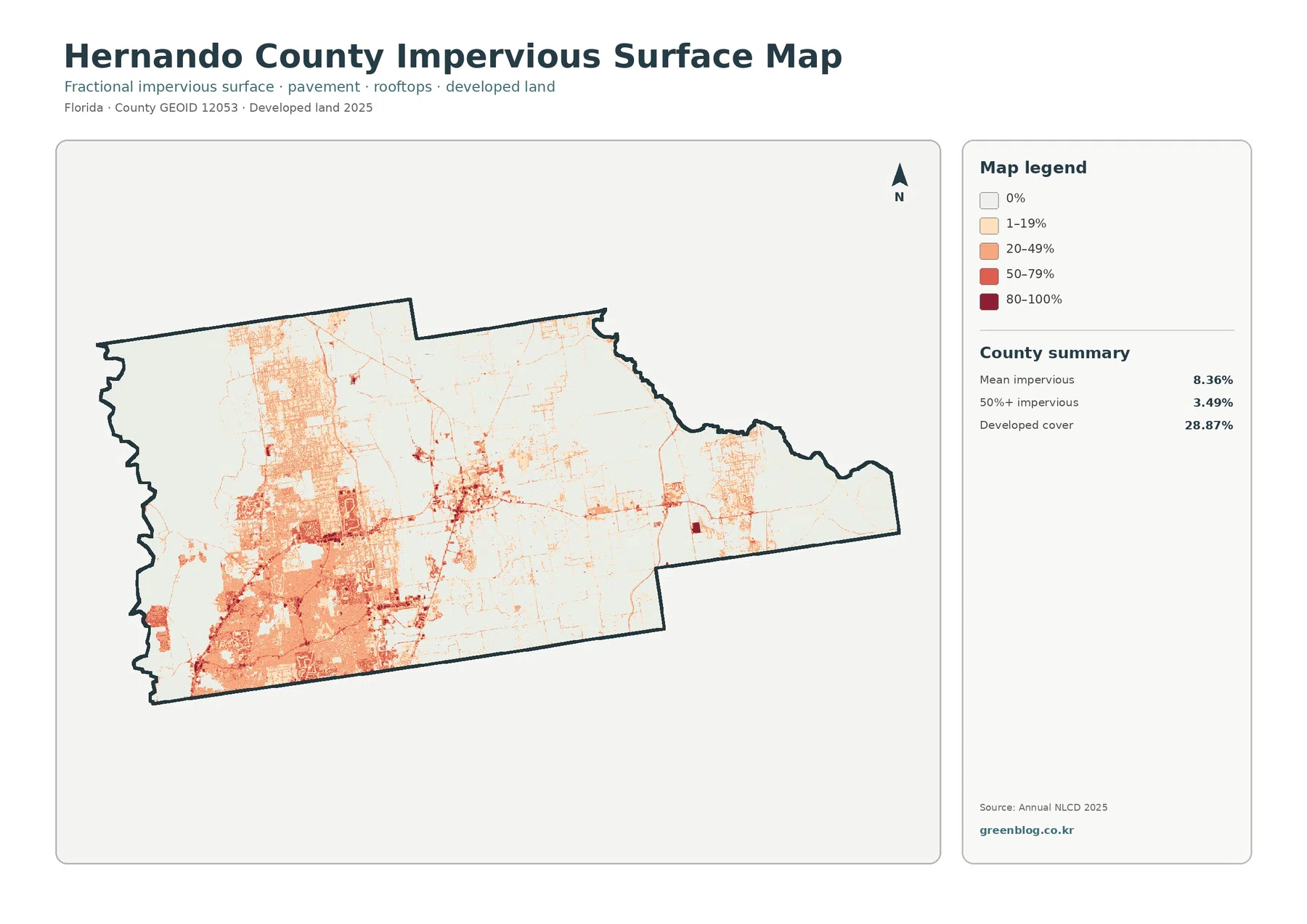 Hernando County impervious surface and developed land map