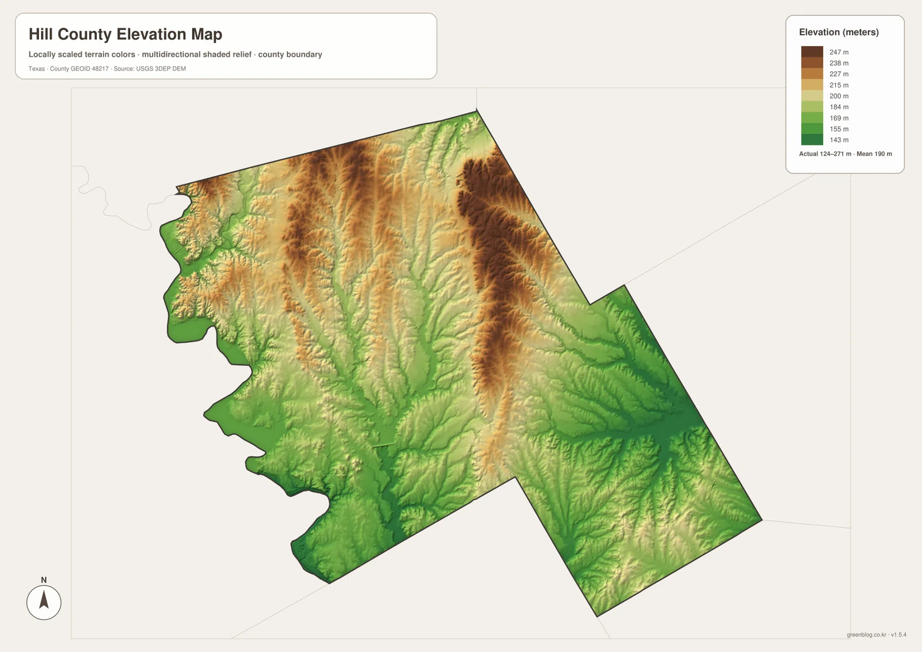 Hill County elevation map showing approximately 124 to 271 meters of relief, lower river valleys, and higher ridges