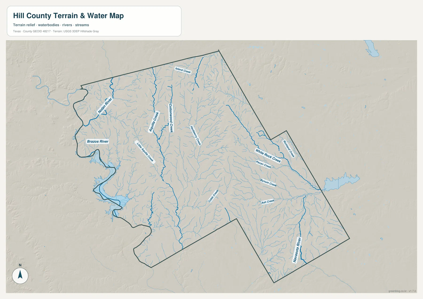Hill County terrain and water map showing the Brazos River, Nolan River, Aquilla Creek, and eastern creeks