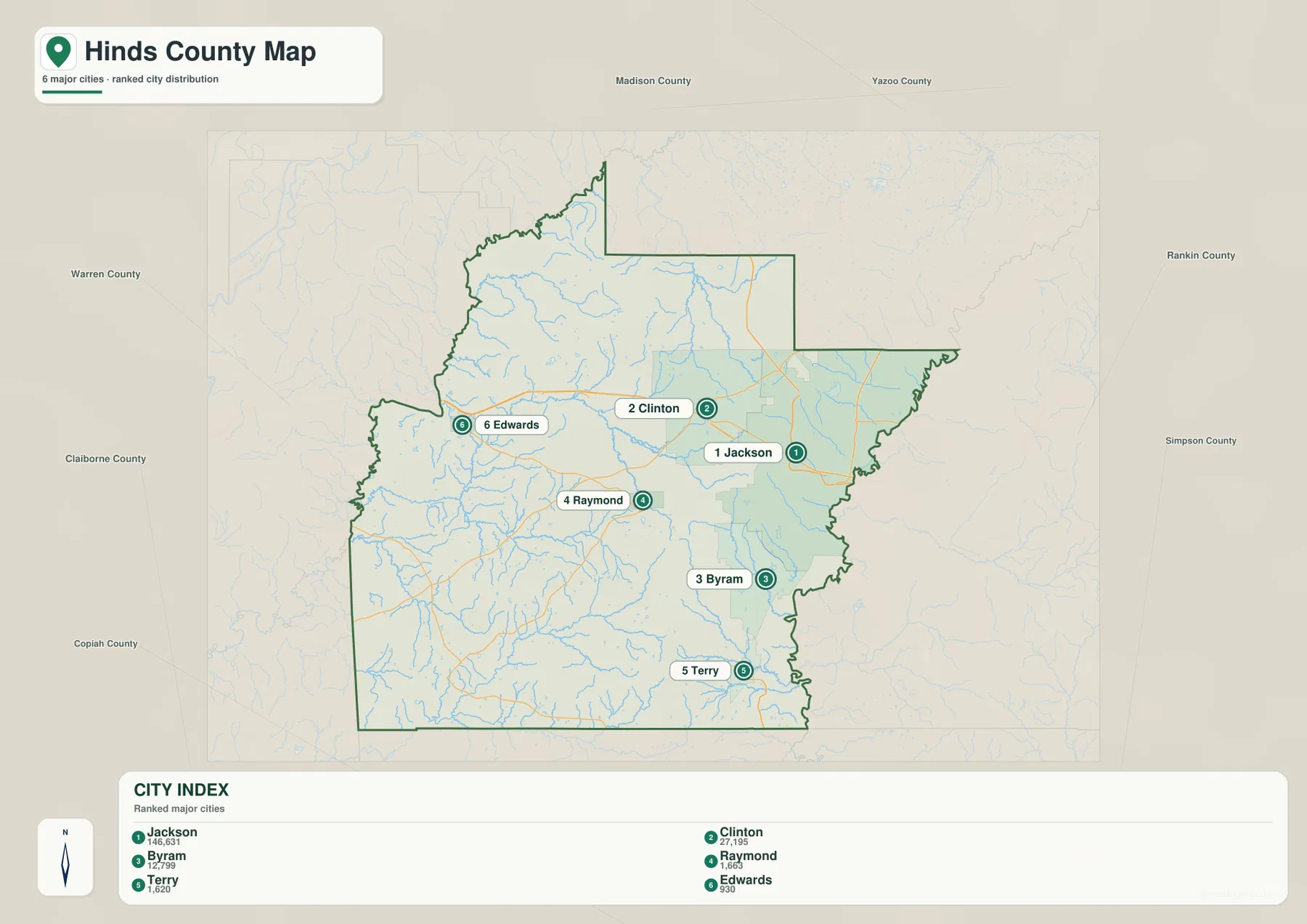 Hinds County city map ranking Jackson, Clinton, Byram, Raymond, Terry, and Edwards