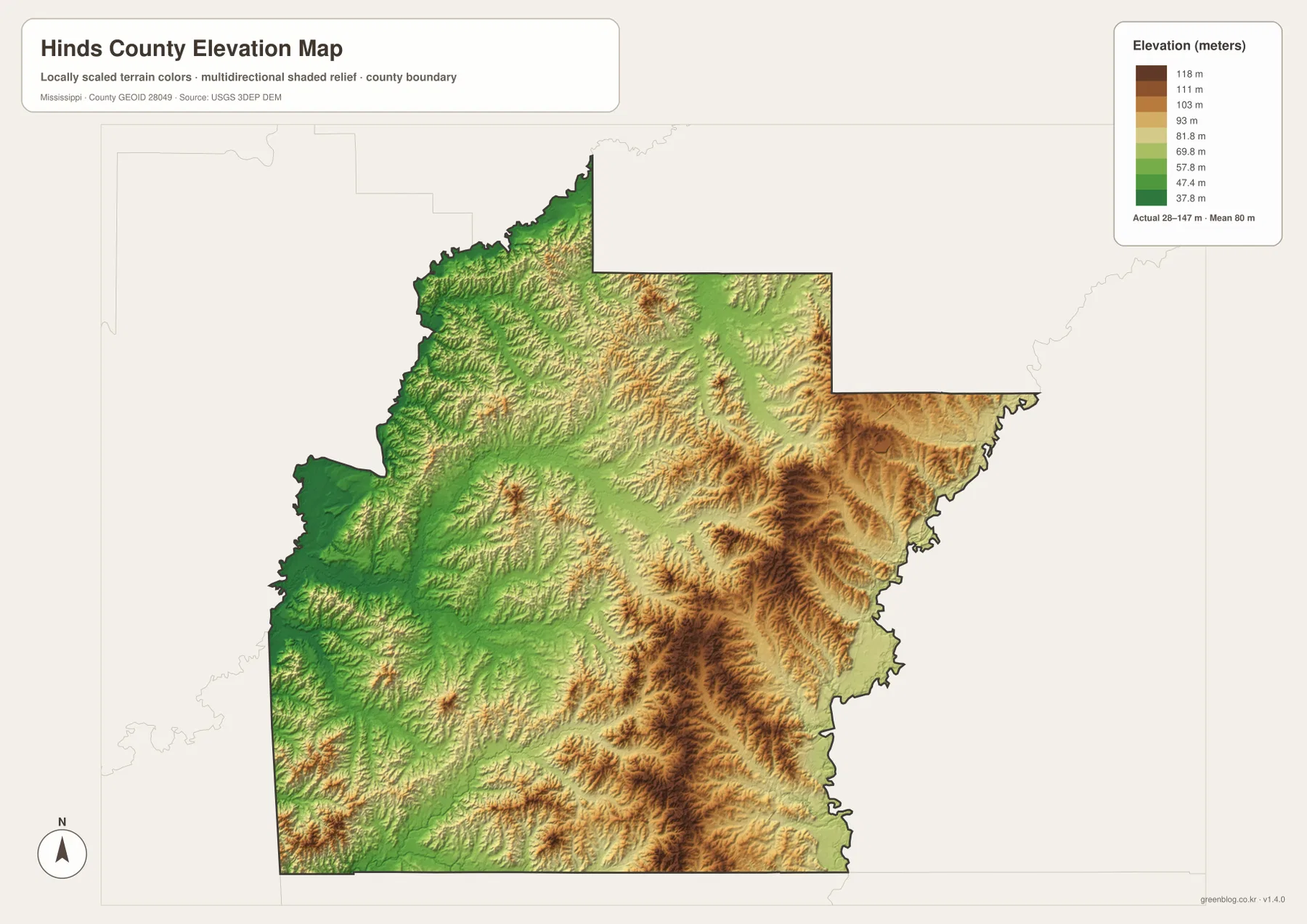 Hinds County elevation map showing approximately 28 to 147 meters and higher eastern terrain
