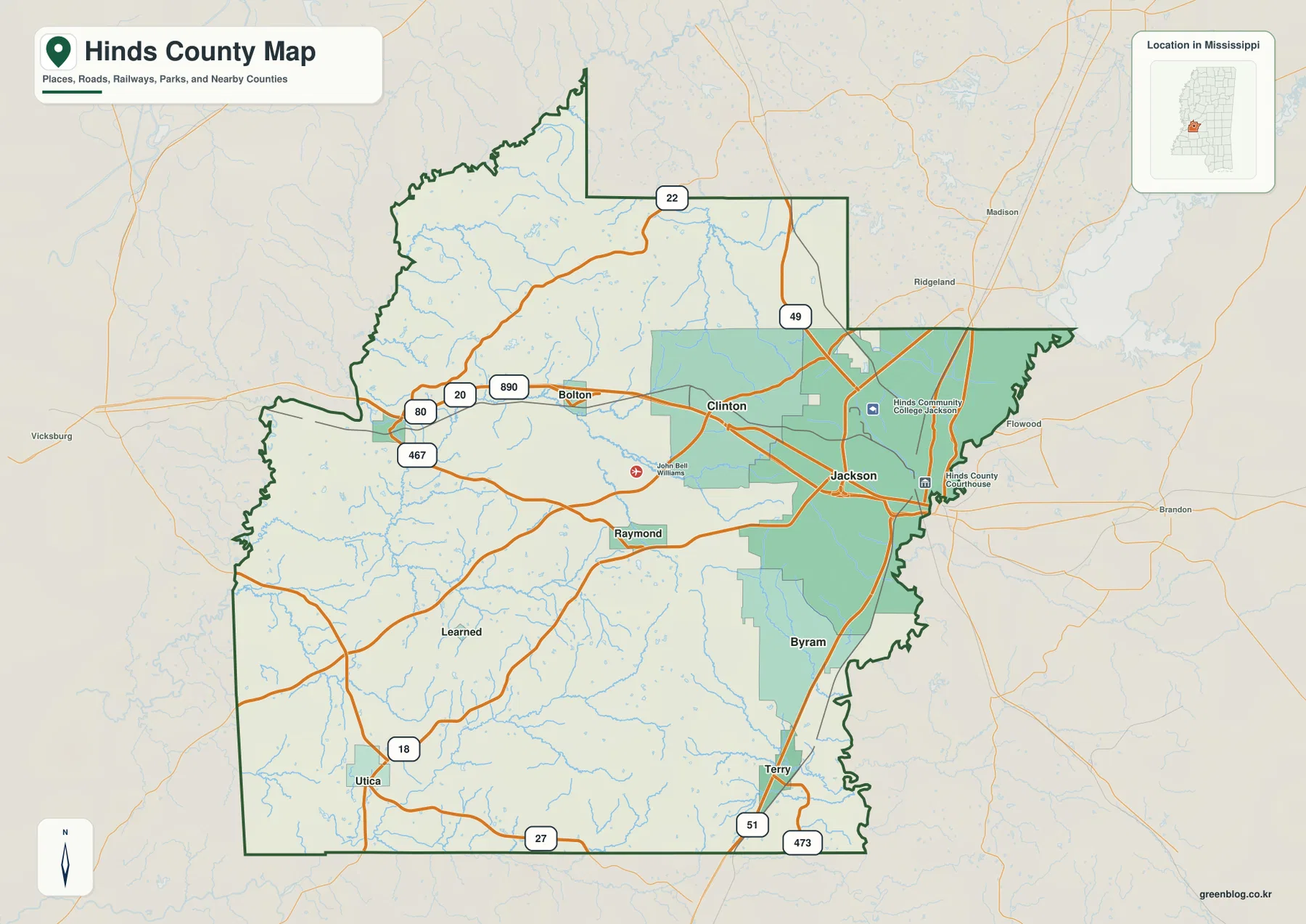 Hinds County Map with Jackson, Clinton, Raymond, Byram, Terry, Utica, and major roads