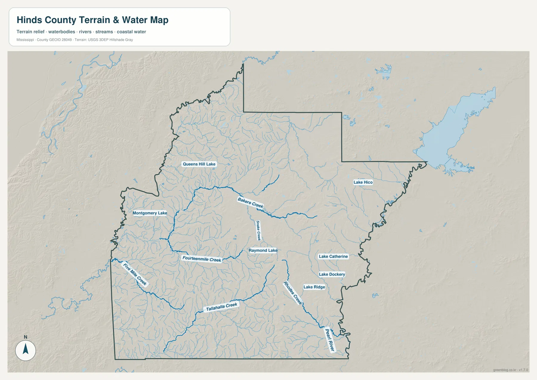 Hinds County water map with Pearl River, Fourteenmile Creek, Tallahala Creek, Bakers Creek, and lakes