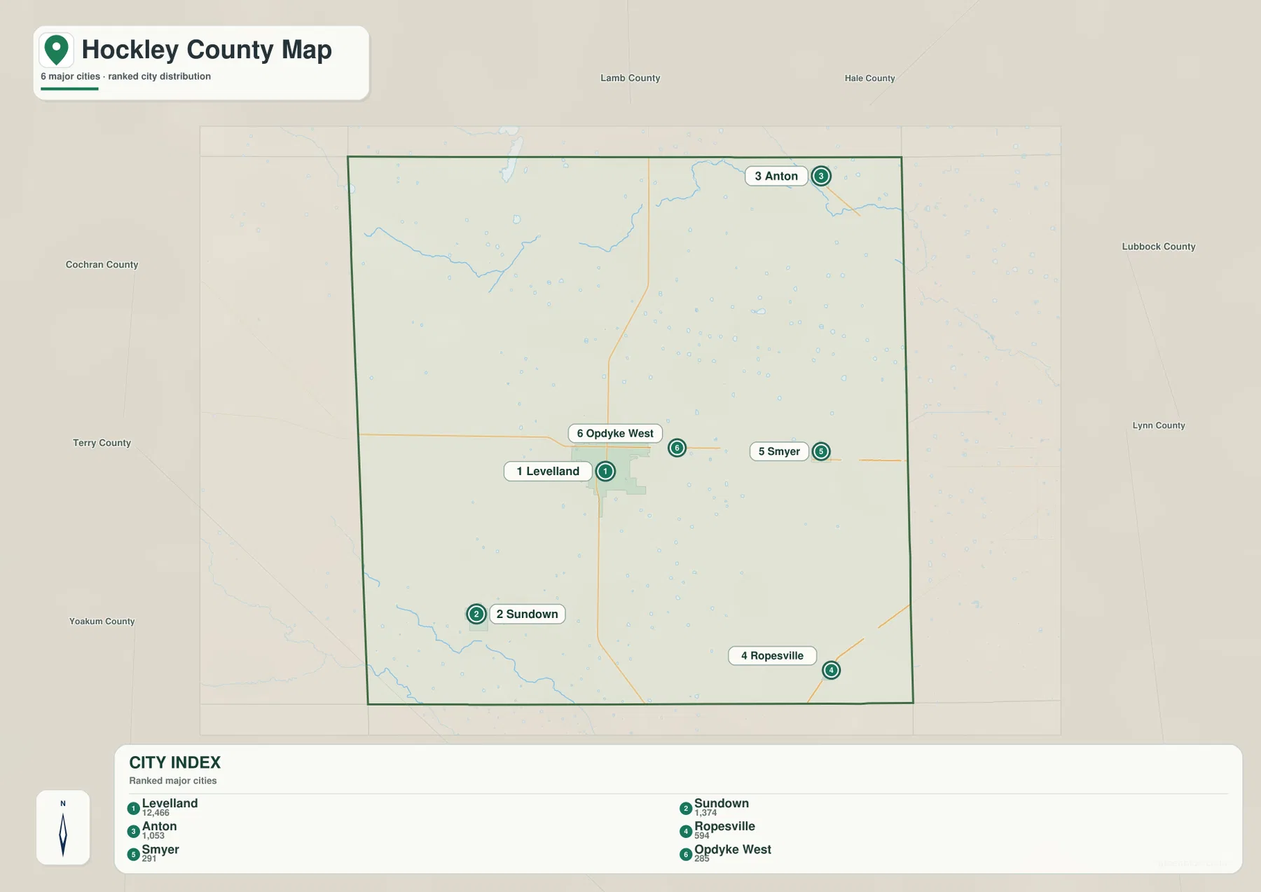 Hockley County city map showing Levelland, Sundown, Anton, Ropesville, Smyer, and Opdyke West