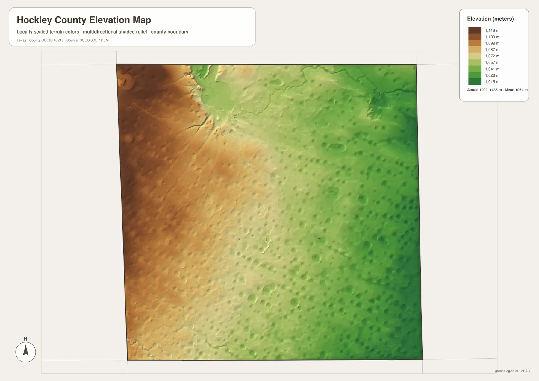 Hockley County elevation map showing roughly 1,002 to 1,138 meters and higher terrain in the west