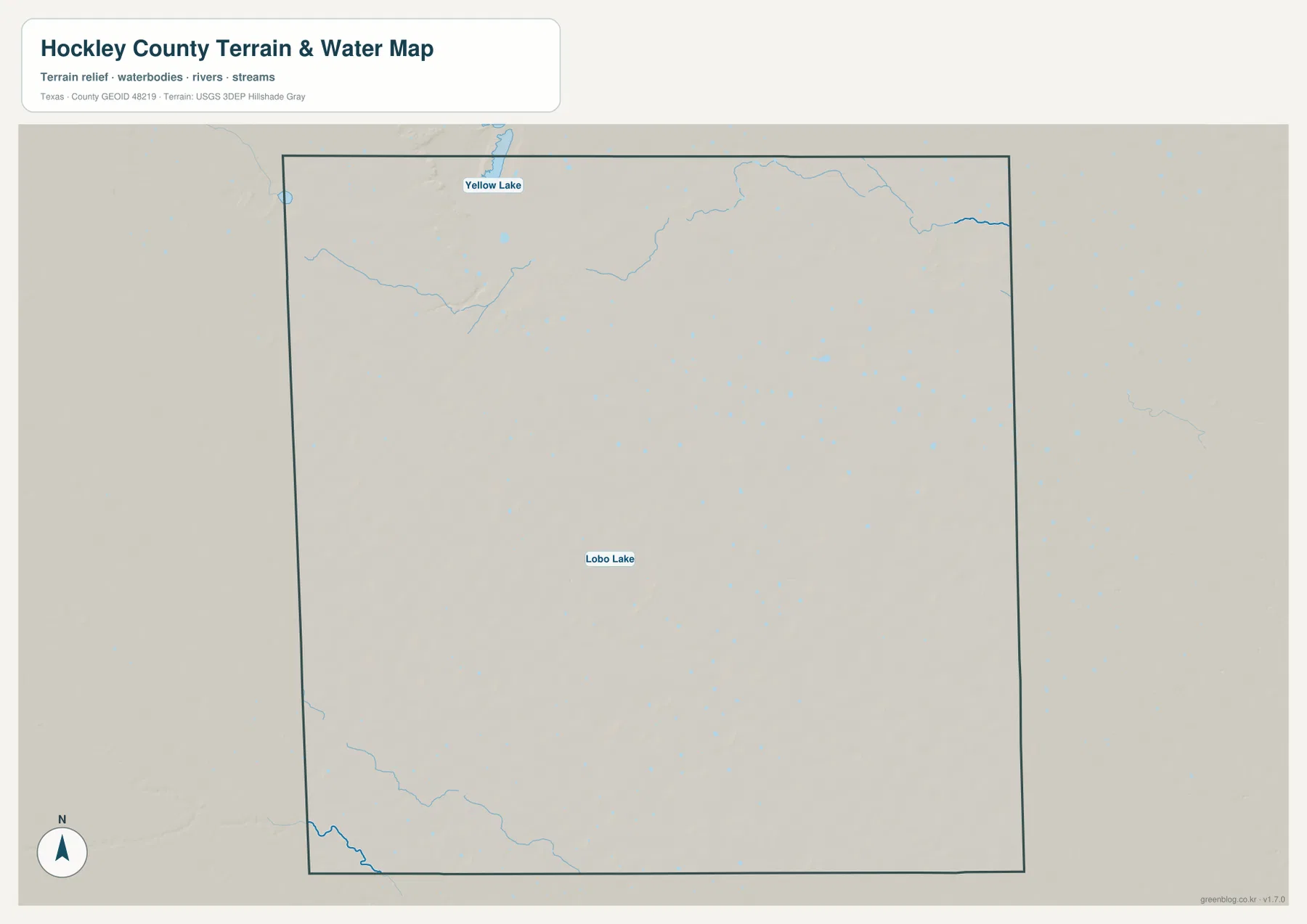 Hockley County terrain and water map showing Yellow Lake, Lobo Lake, and smaller channels