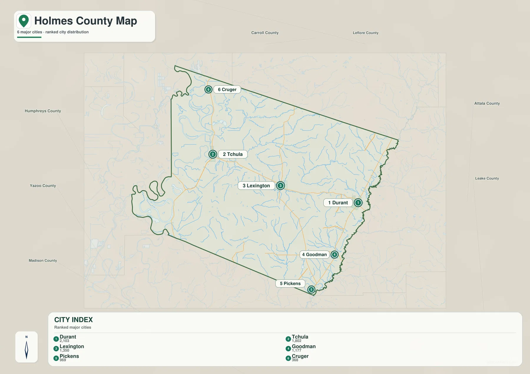 Holmes County city map showing Durant, Tchula, Lexington, Goodman, Pickens and Cruger