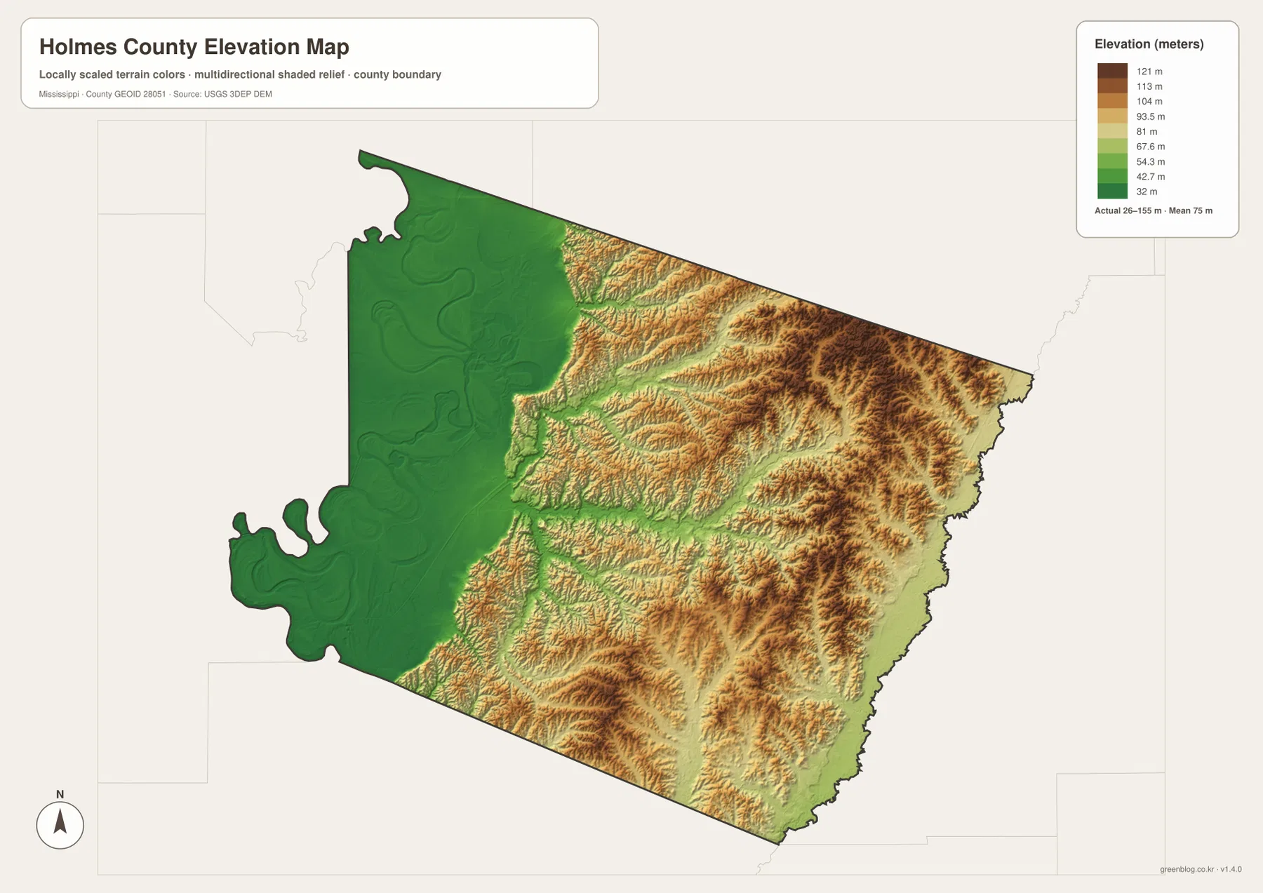 Holmes County Mississippi elevation map showing 26 to 155 meter terrain