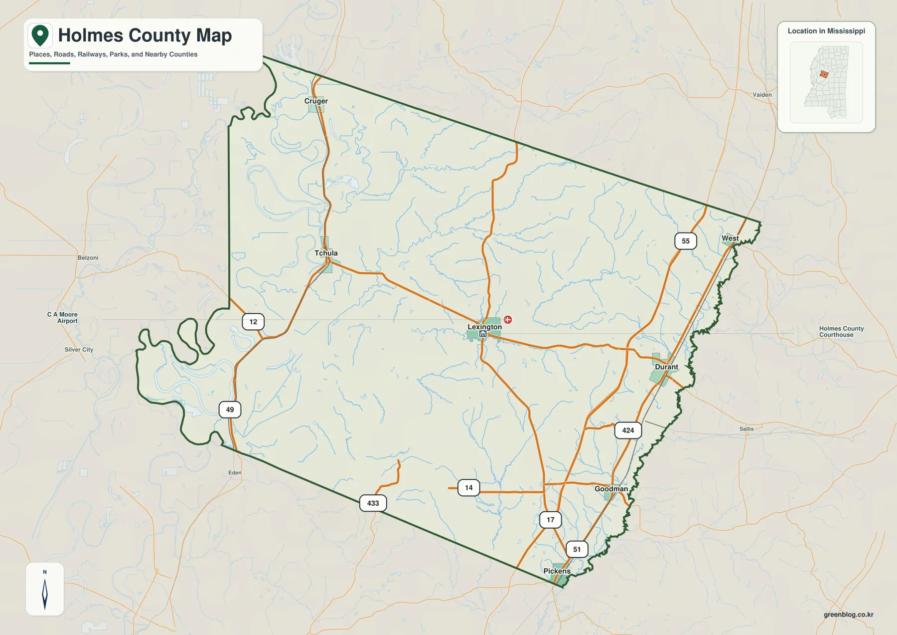 Holmes County Mississippi boundary map with Lexington, Tchula, Durant and major highways