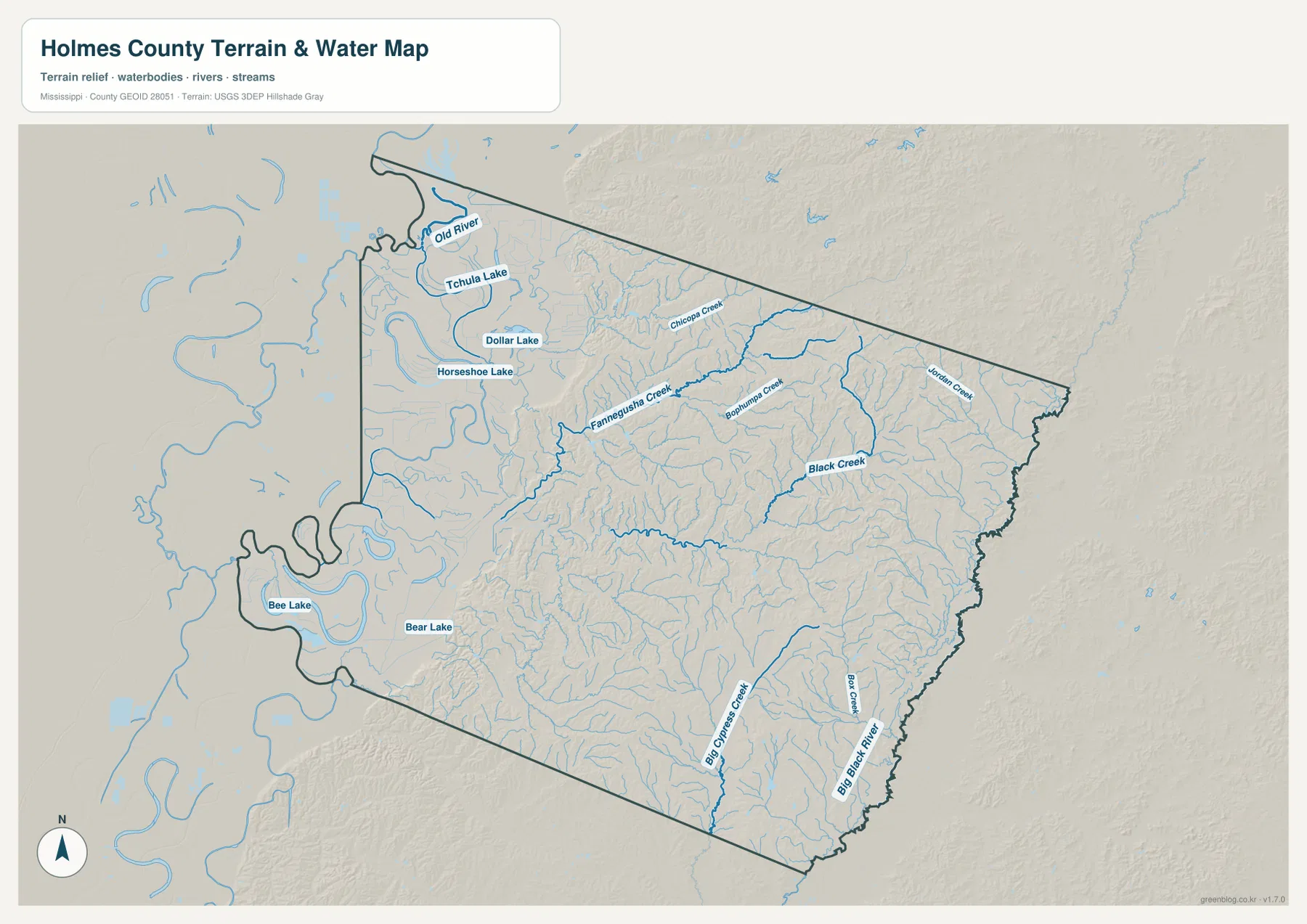 Holmes County water map with Old River, Tchula Lake, Horseshoe Lake, Black Creek and Big Black River
