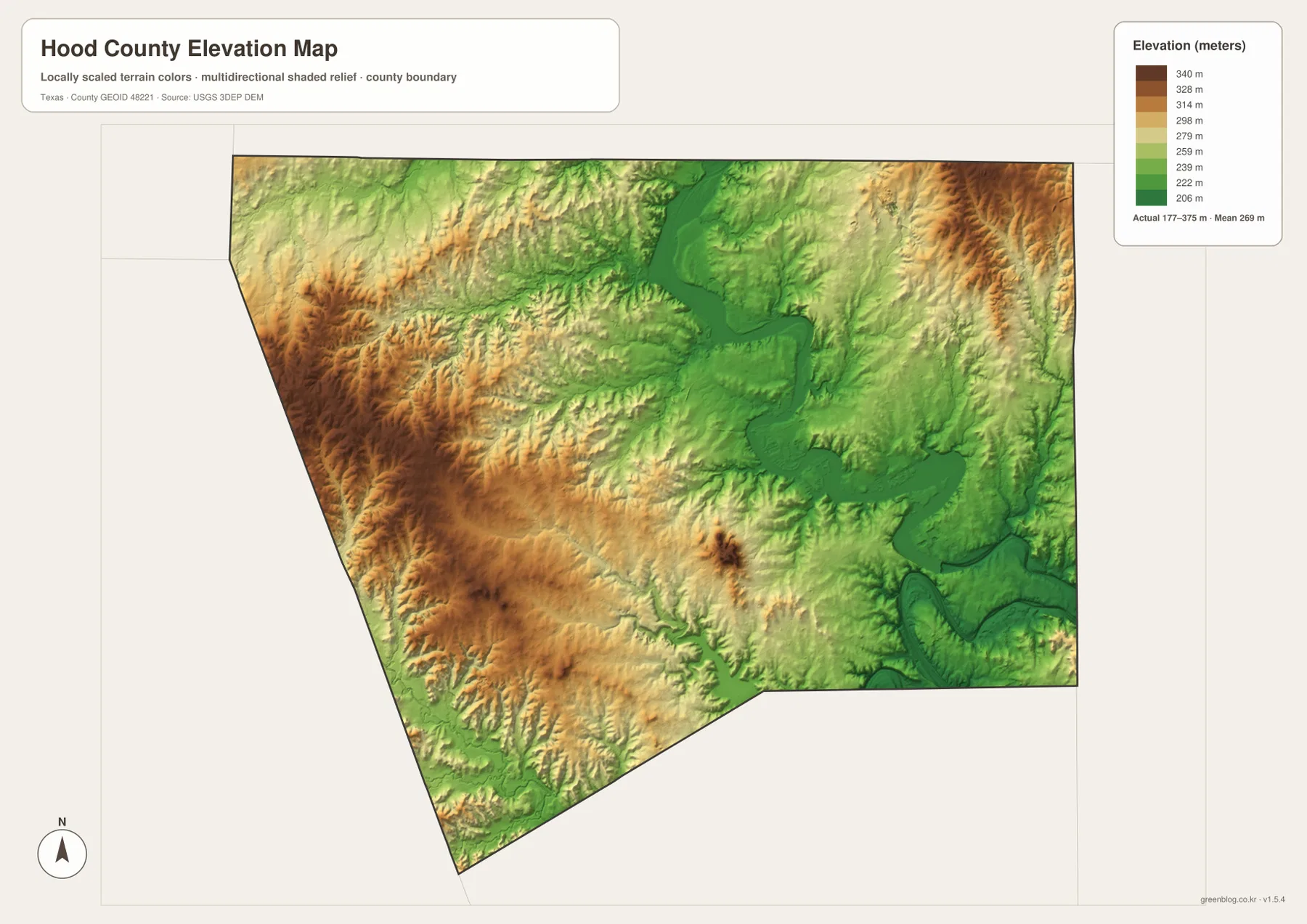 Hood County elevation map showing higher western terrain and lower land along Lake Granbury and the Brazos River