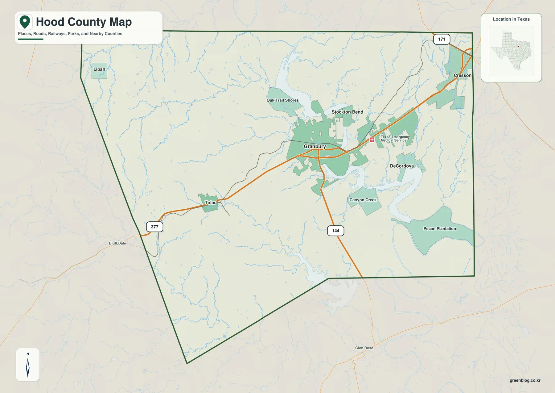 Hood County map showing Granbury, Tolar, Lipan, DeCordova, Lake Granbury, and major roads