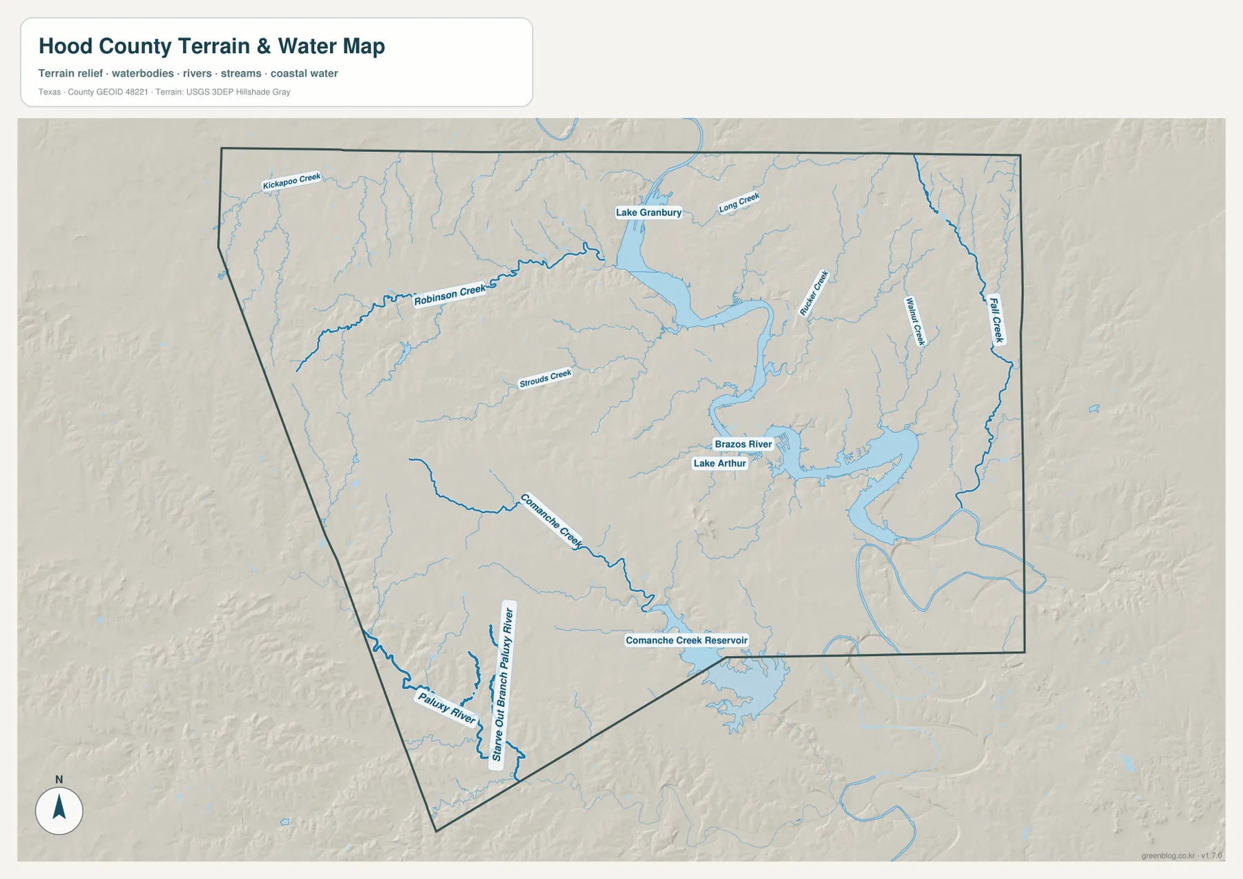 Hood County terrain and water map showing Lake Granbury, Brazos River, and named creeks