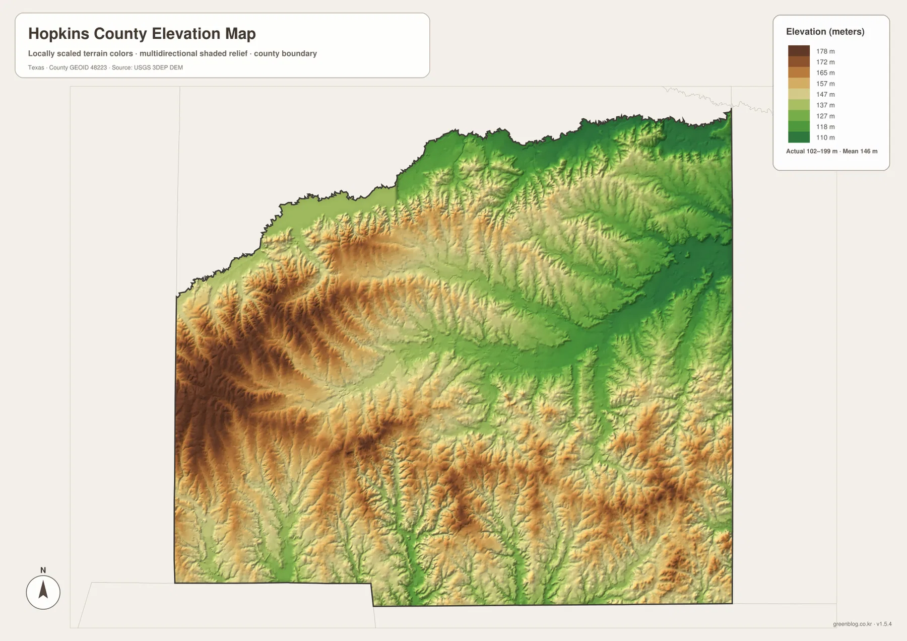 Hopkins County elevation map showing terrain from about 102 to 199 meters with higher western areas and lower eastern areas