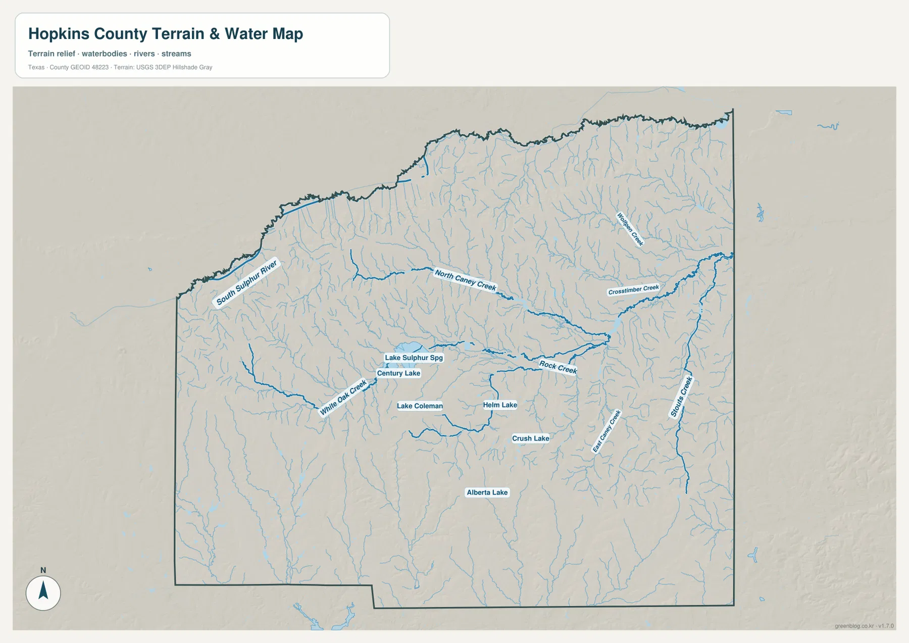 Hopkins County terrain and water map showing South Sulphur River, North Caney Creek, White Oak Creek, Rock Creek and local lakes