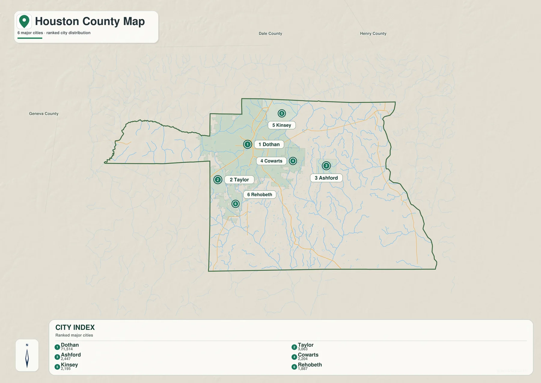 Dothan, Taylor, Ashford, Cowarts, Kinsey, Rehobeth를 표시한 Houston County 도시 지도