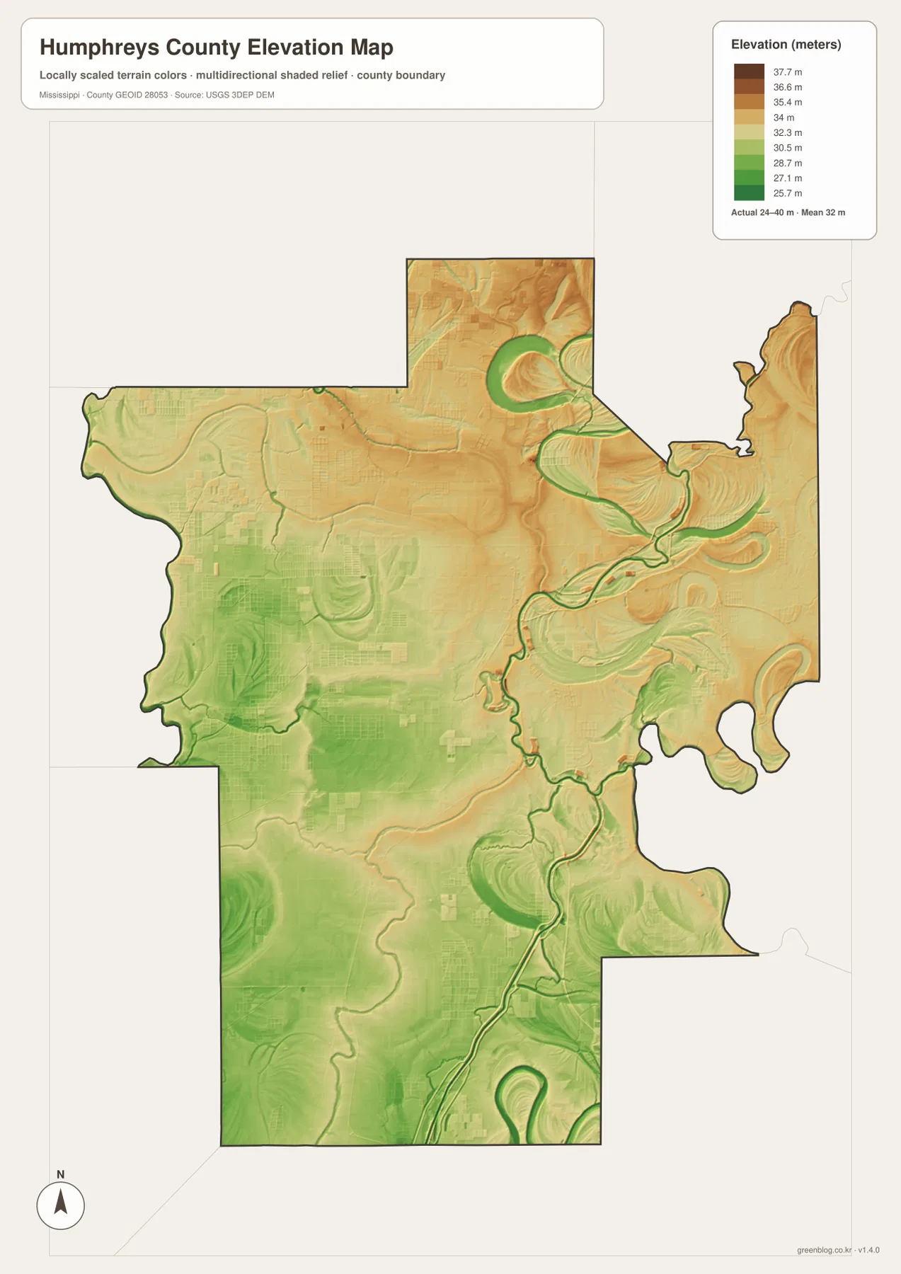 Humphreys County elevation map showing approximately 24 to 40 meters of relief across the Delta plain