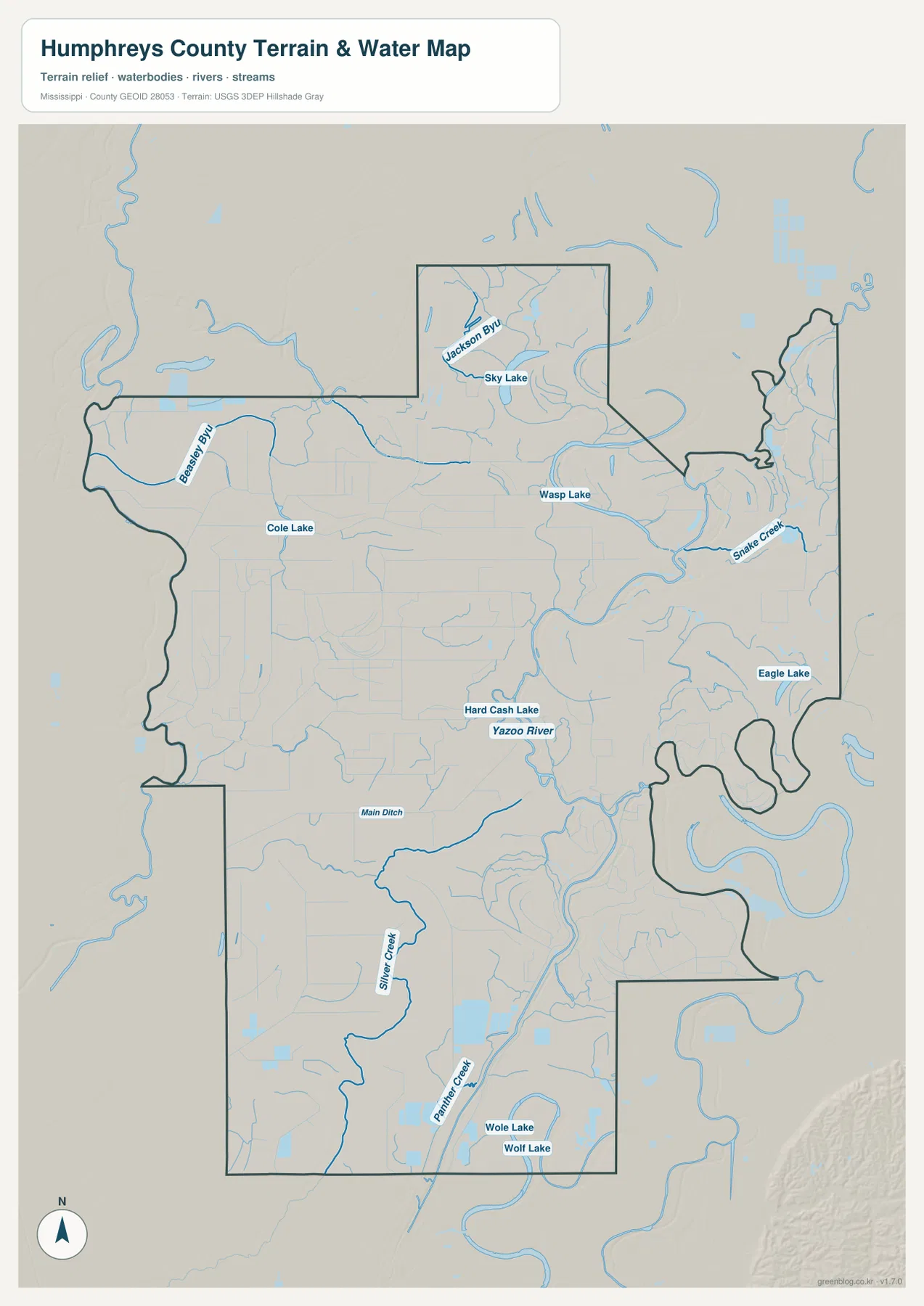 Humphreys County water map showing Yazoo River, lakes, bayous, creeks, and drainage channels
