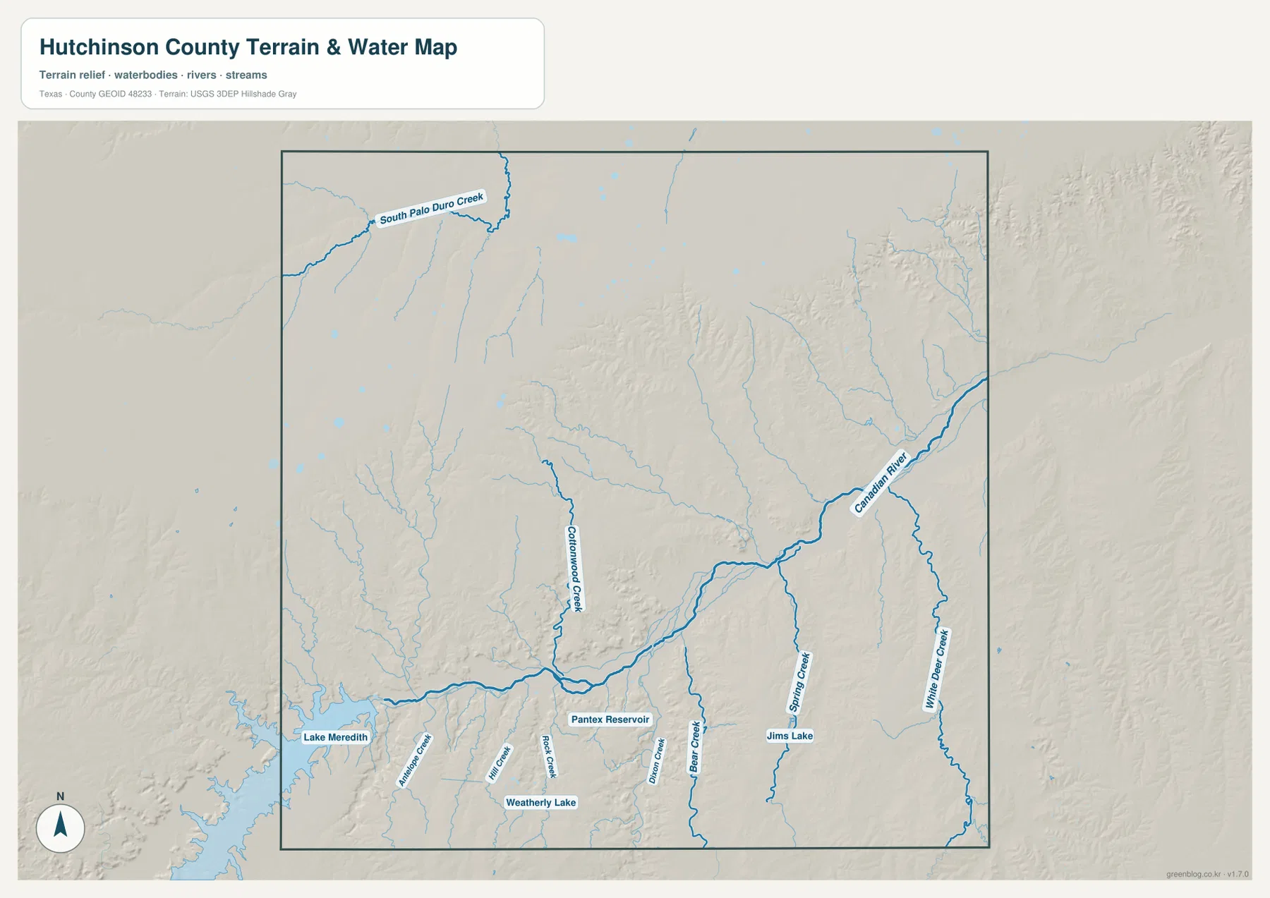 캐나디언강, South Palo Duro Creek, Cottonwood Creek, Lake Meredith와 여러 지류가 표시된 허친슨 카운티 수역 지도