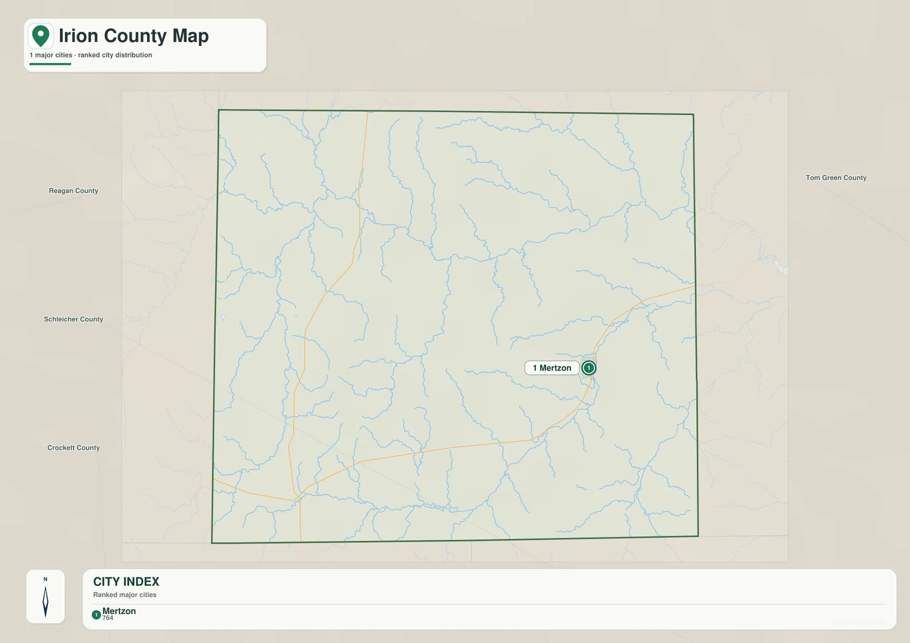 Irion County city map highlighting Mertzon as the primary city