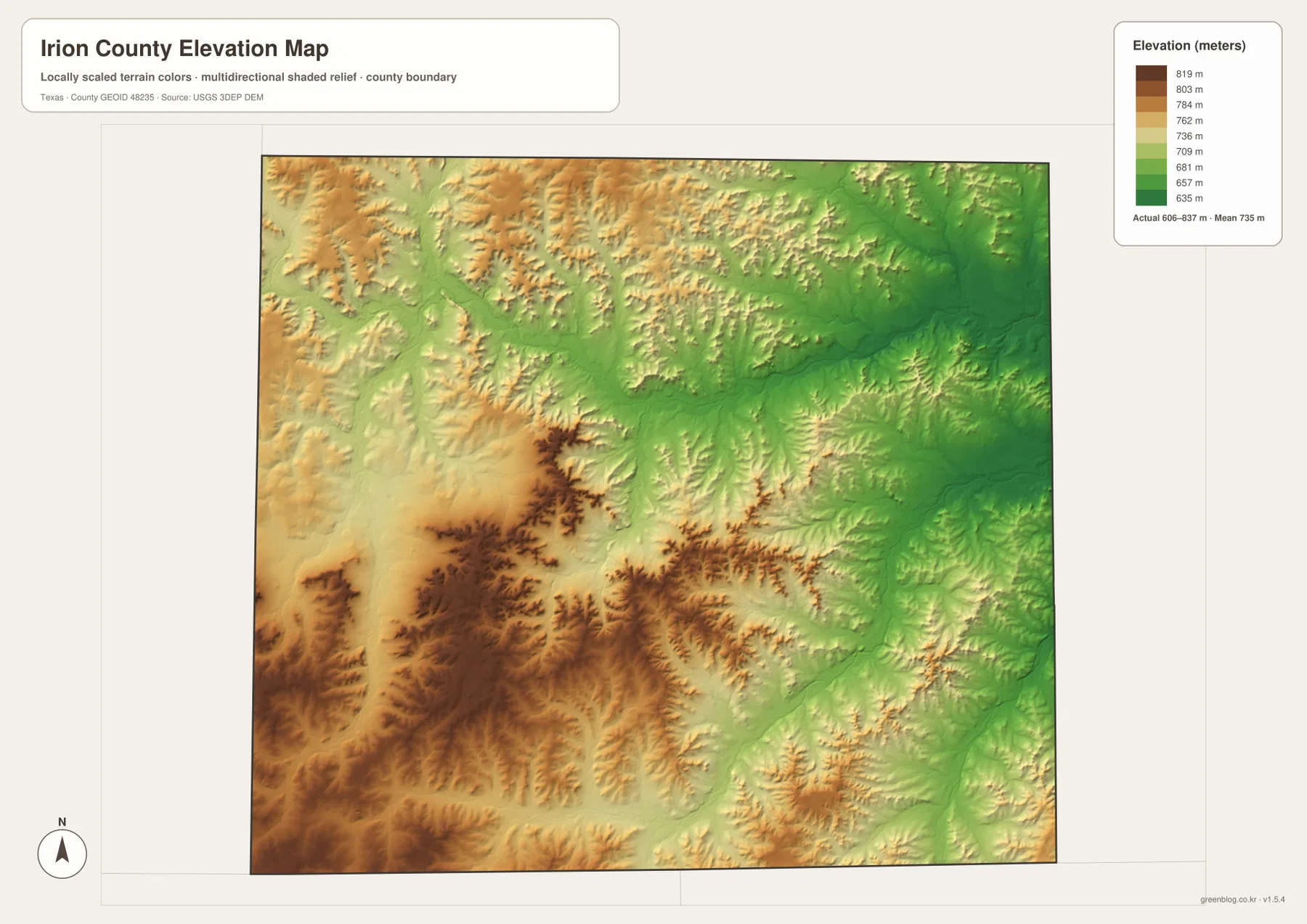 Irion County elevation map showing terrain from about 606 to 837 meters
