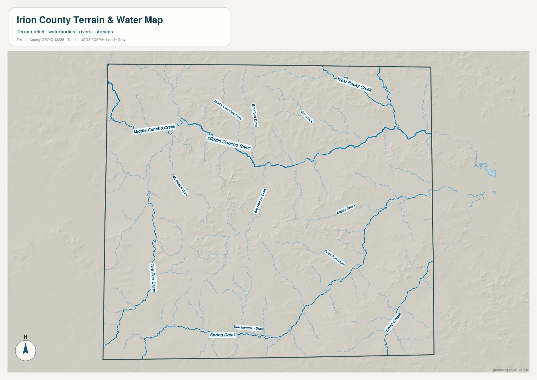 Irion County terrain and water map showing Middle Concho River, Spring Creek, Lopez Creek, Dove Creek, and named draws