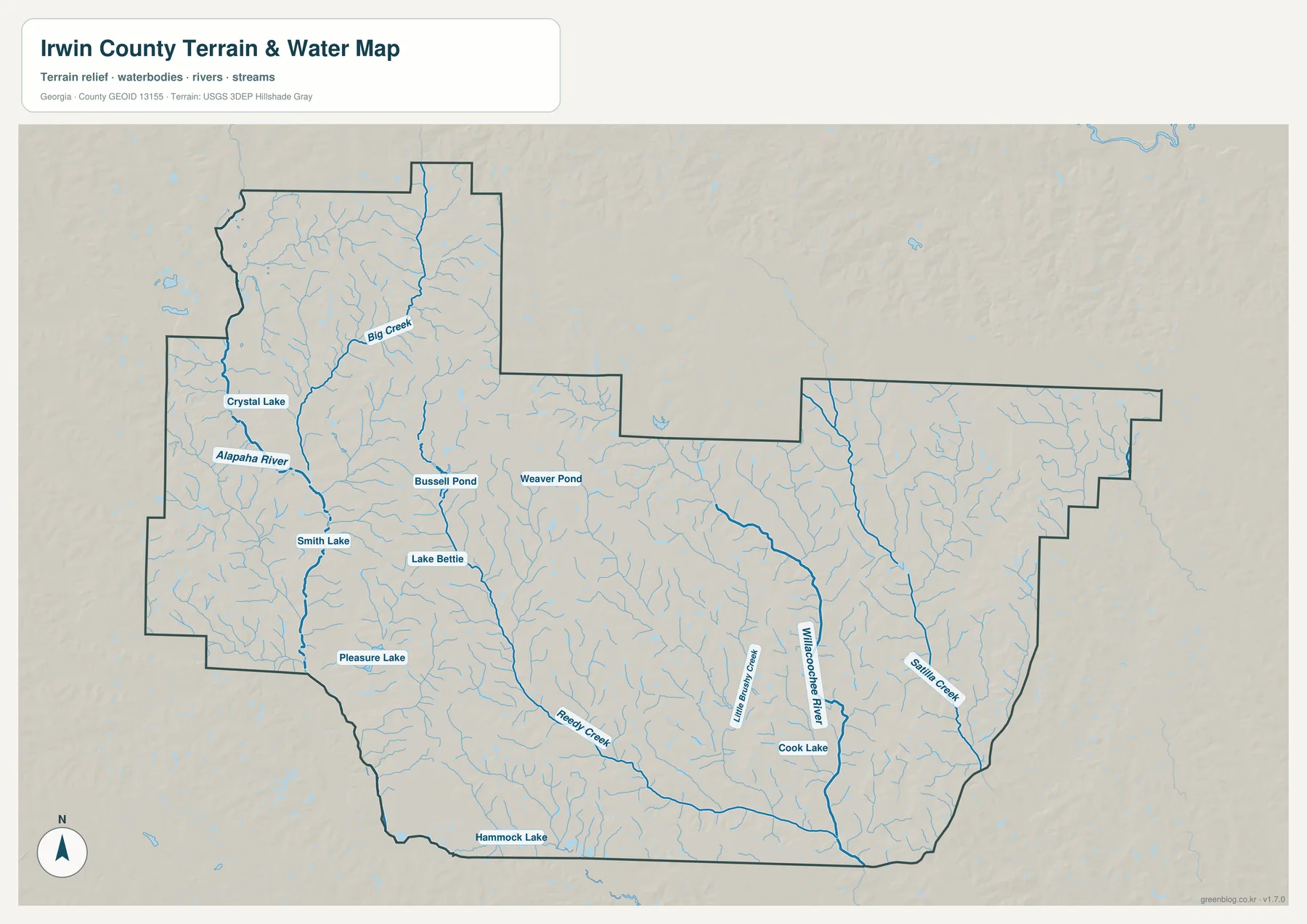 어윈 카운티 수역 지도에 표시된 Alapaha River, Willacoochee River, Big Creek, Reedy Creek, Satilla Creek, Little Brushy Creek와 여러 호수