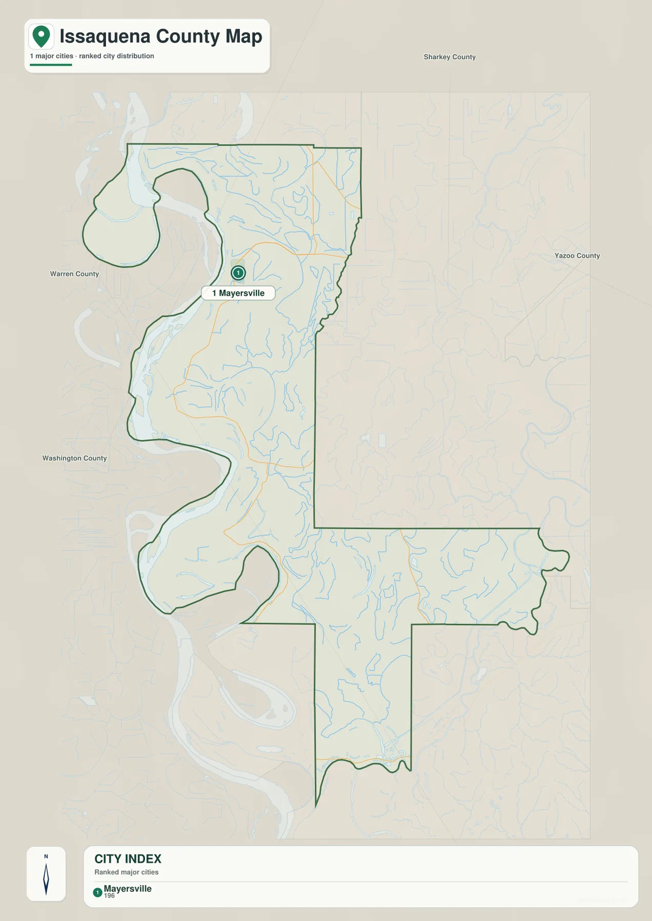 Issaquena County city map showing Mayersville as the single major city