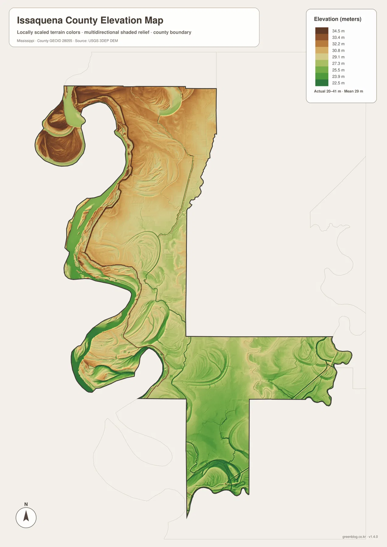 Issaquena County elevation map showing about 20 to 41 meters and a mean elevation near 29 meters