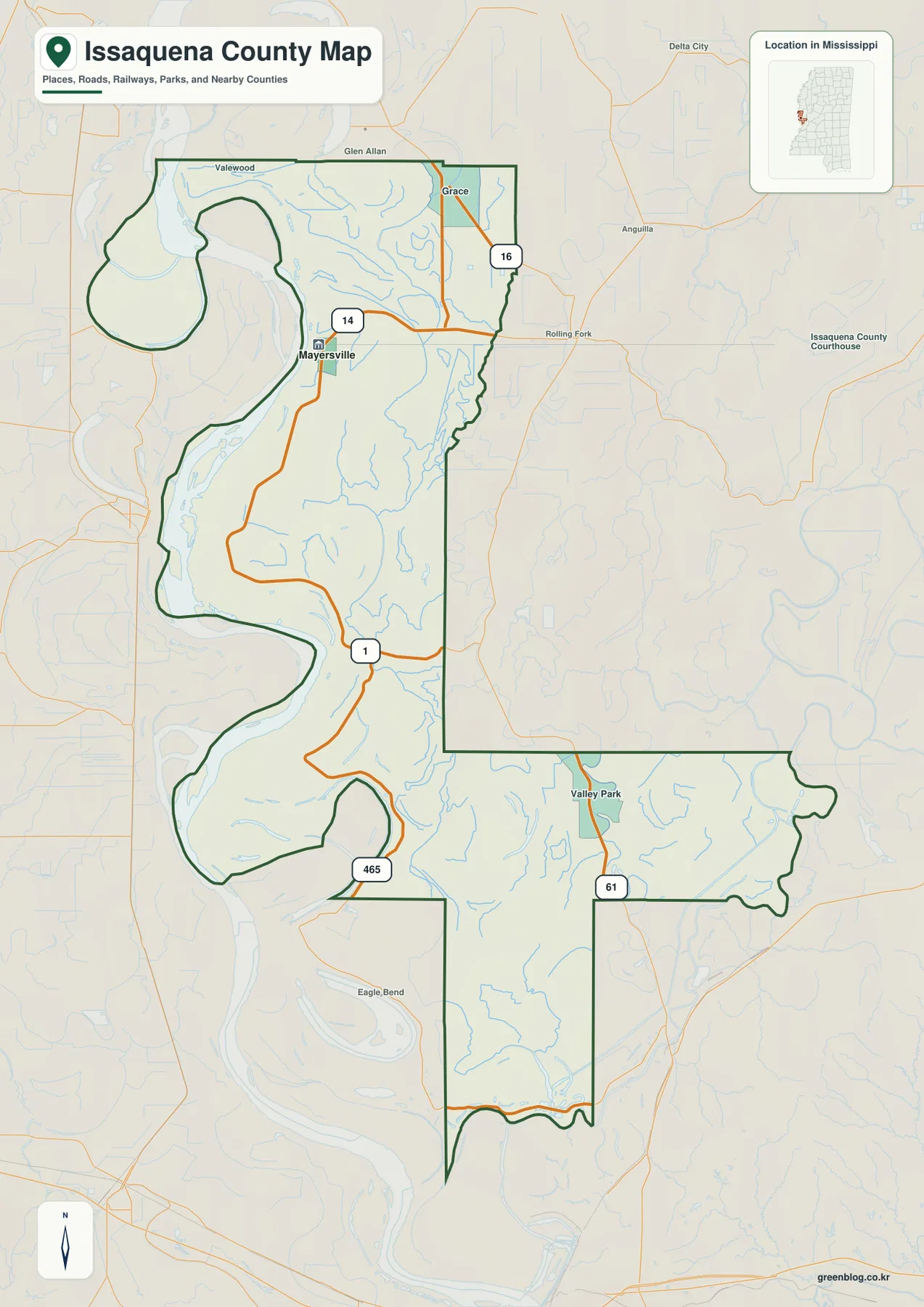 Issaquena County Map showing Mayersville, MS 14, MS 1, US 61, and Mississippi River bends