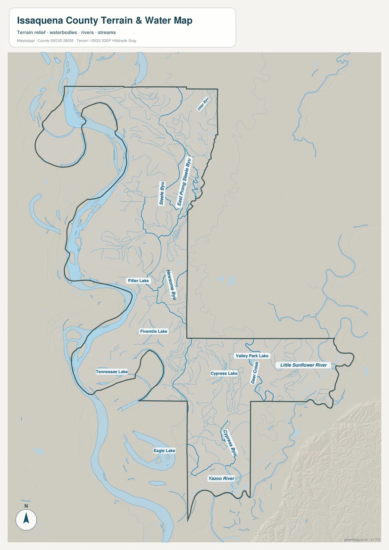 Issaquena County water map with Mississippi River, Steele Bayou, Yazoo River, Little Sunflower River, and lakes