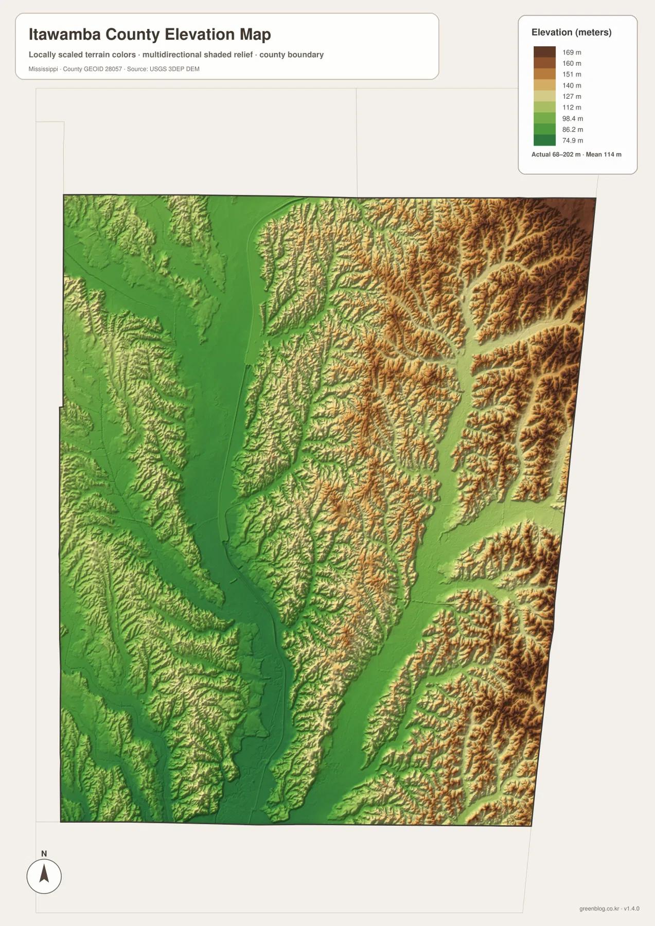 Itawamba County elevation map showing a 68 to 202 meter range and 114 meter mean elevation