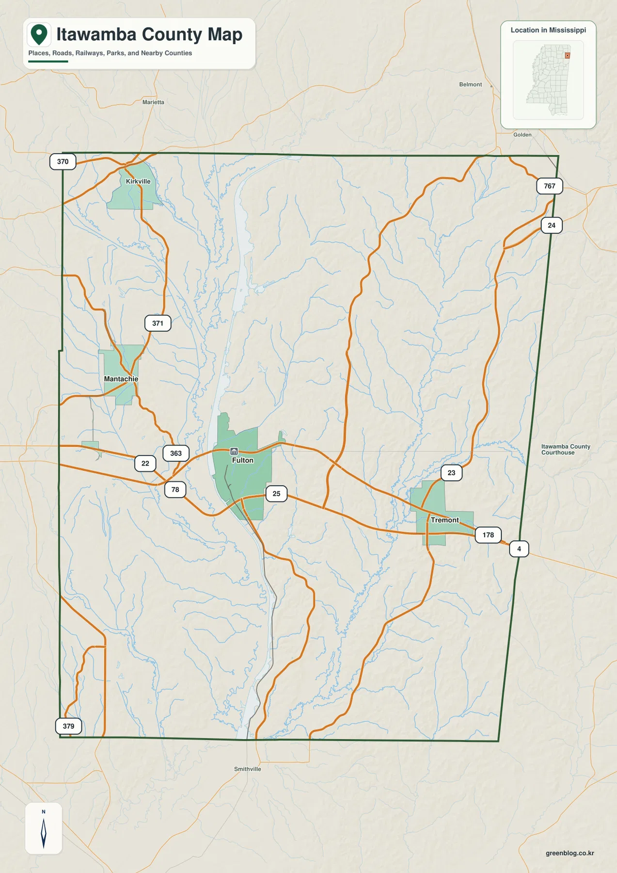 Itawamba County Mississippi map showing Fulton, Mantachie, Tremont, major roads, streams, and the county boundary