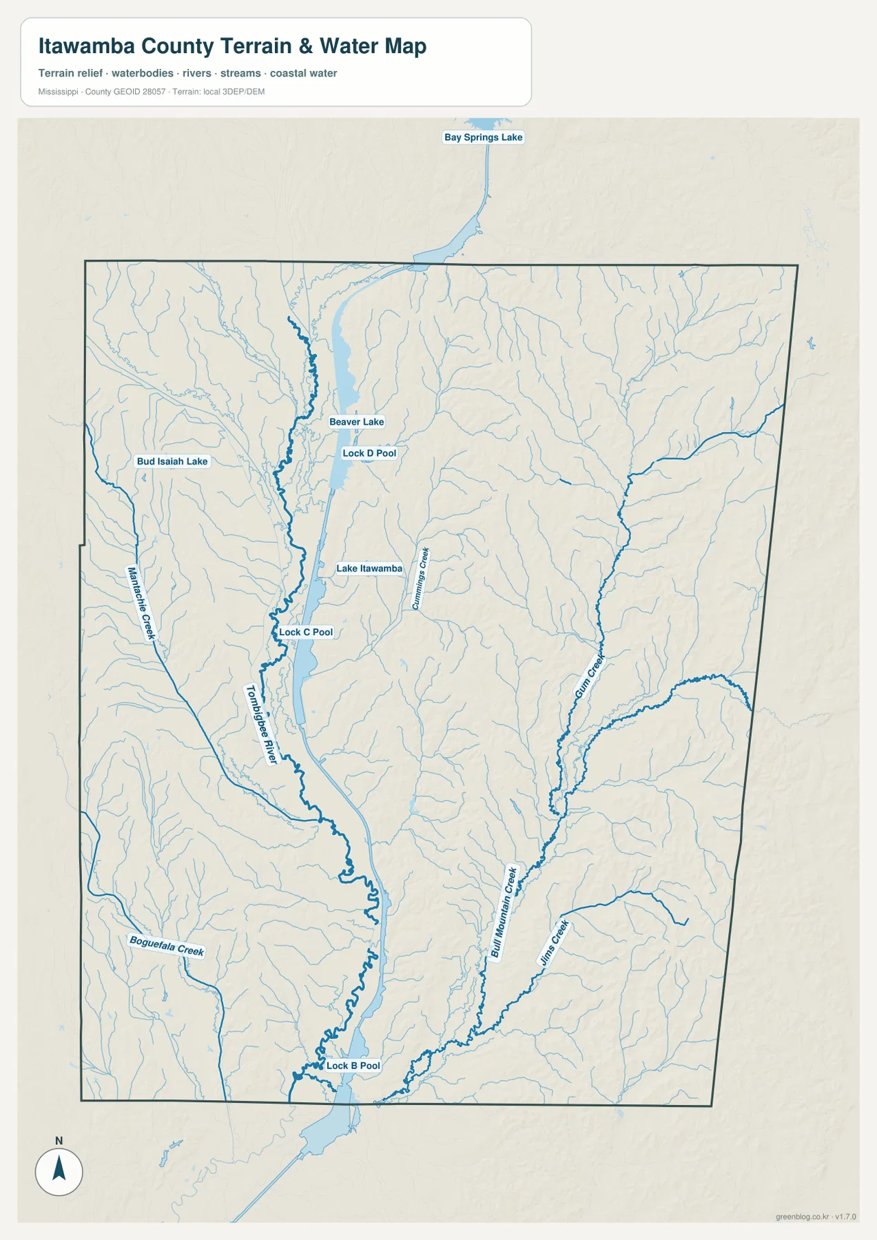 Itawamba County terrain and water map showing Tombigbee River, Lock B C D pools, lakes, and named creeks