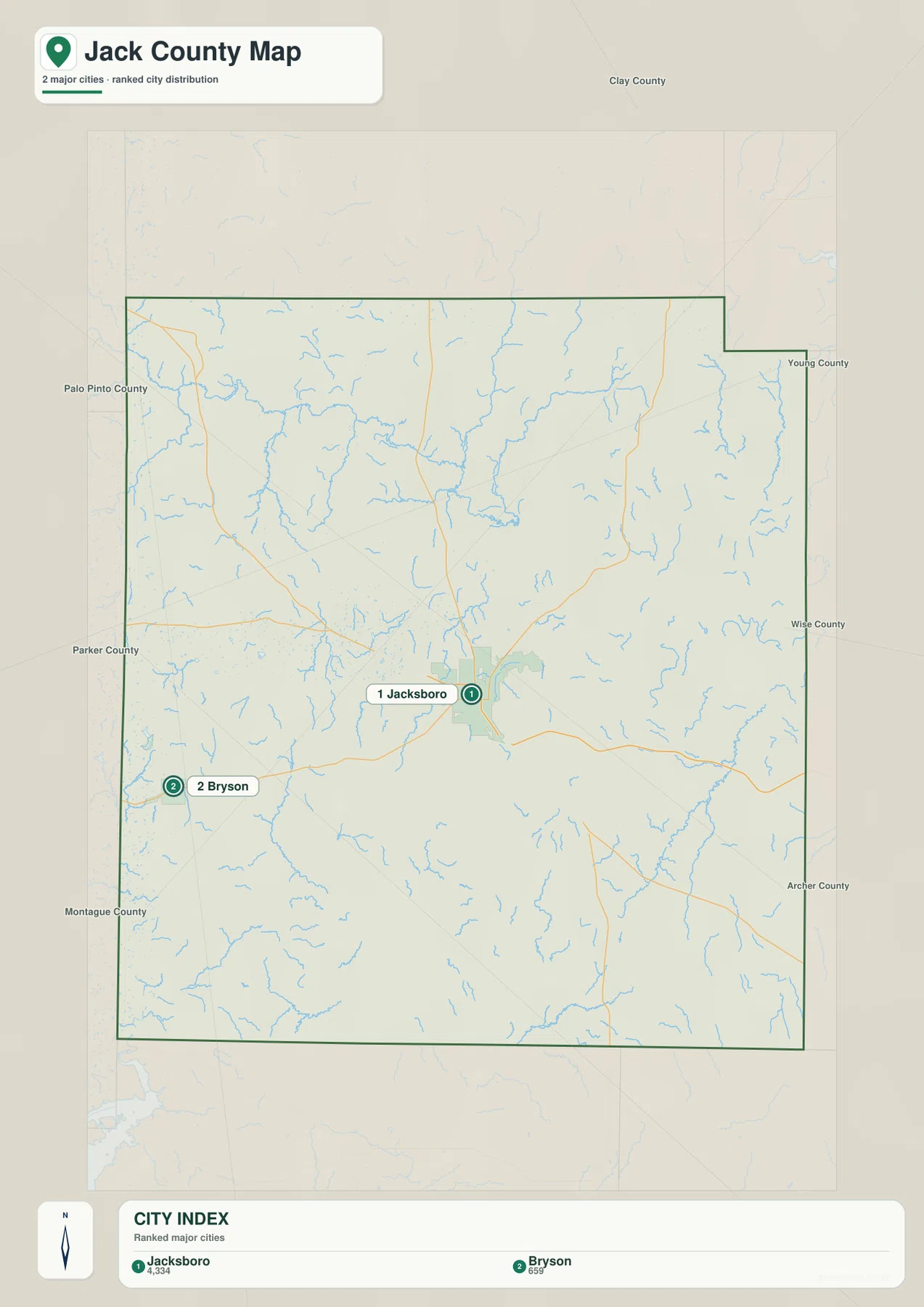 Jack County city map highlighting Jacksboro and Bryson