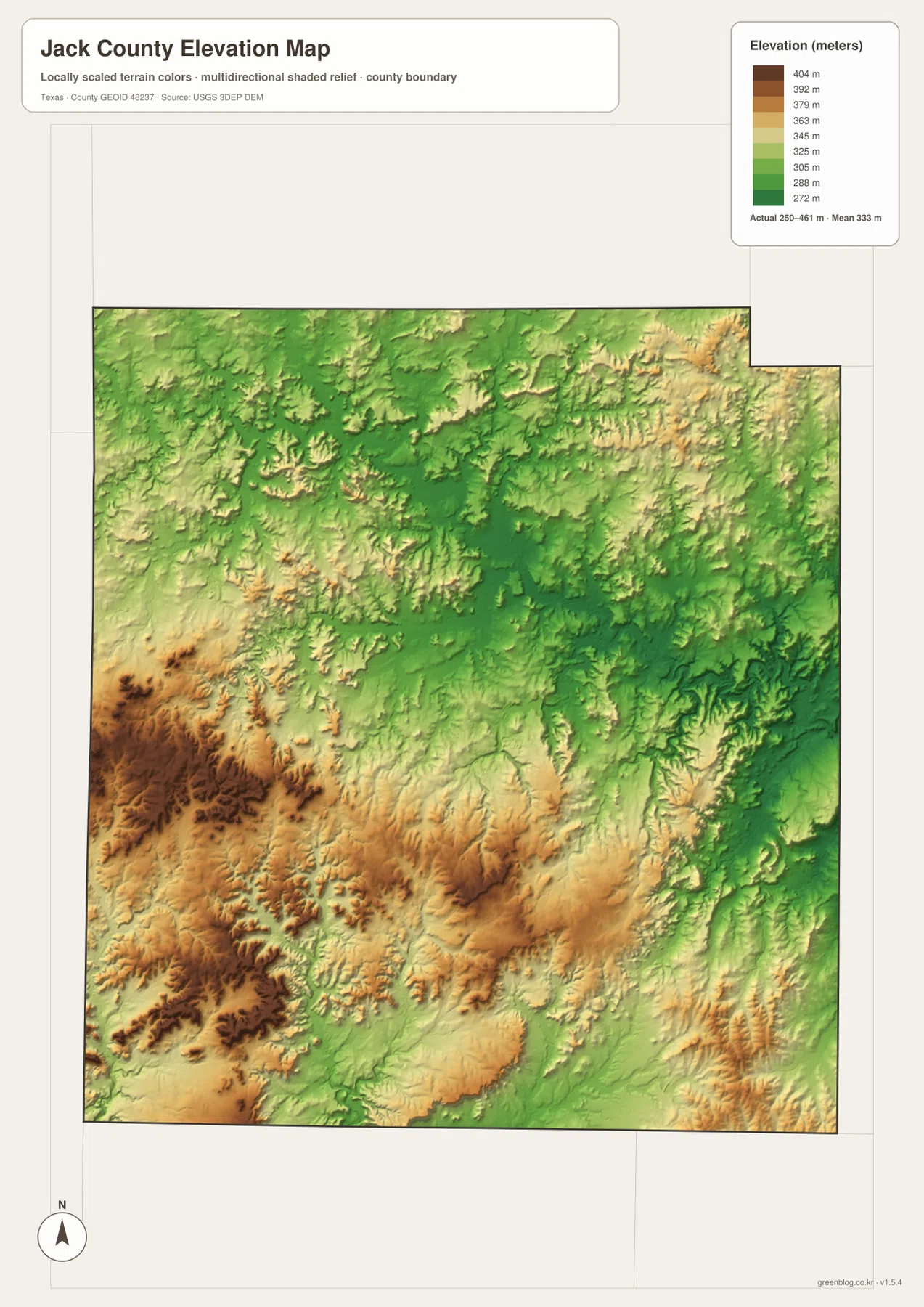 Jack County elevation map showing higher southwest terrain and lower central eastern areas