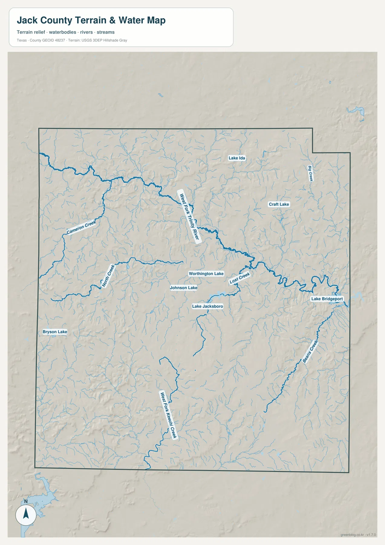 Jack County water map showing the West Fork Trinity River, creeks and lakes