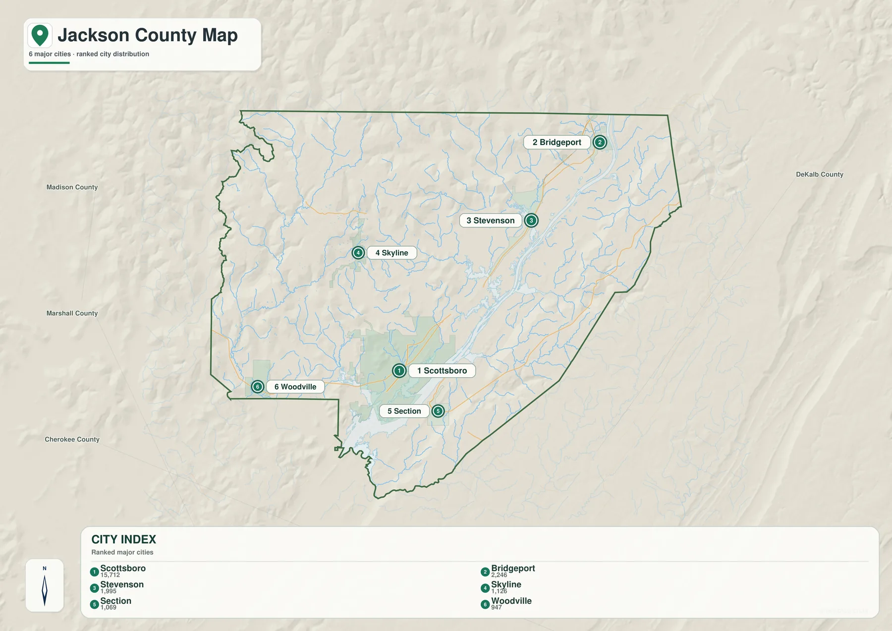 Jackson County 도시 지도에 표시된 Scottsboro, Bridgeport, Stevenson, Skyline, Section, Woodville