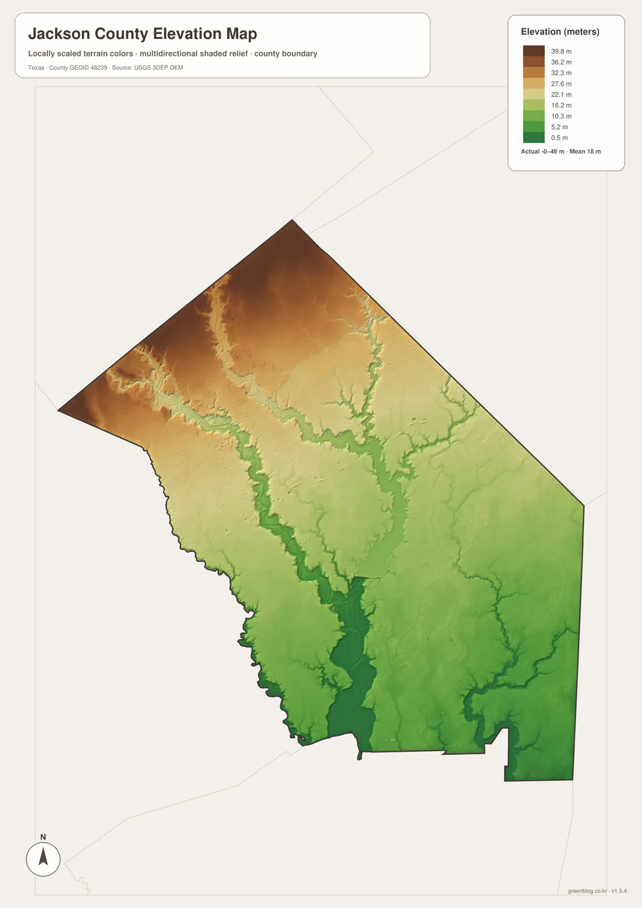 Jackson County elevation map showing an actual range of about 0 to 48 meters and lower southern terrain