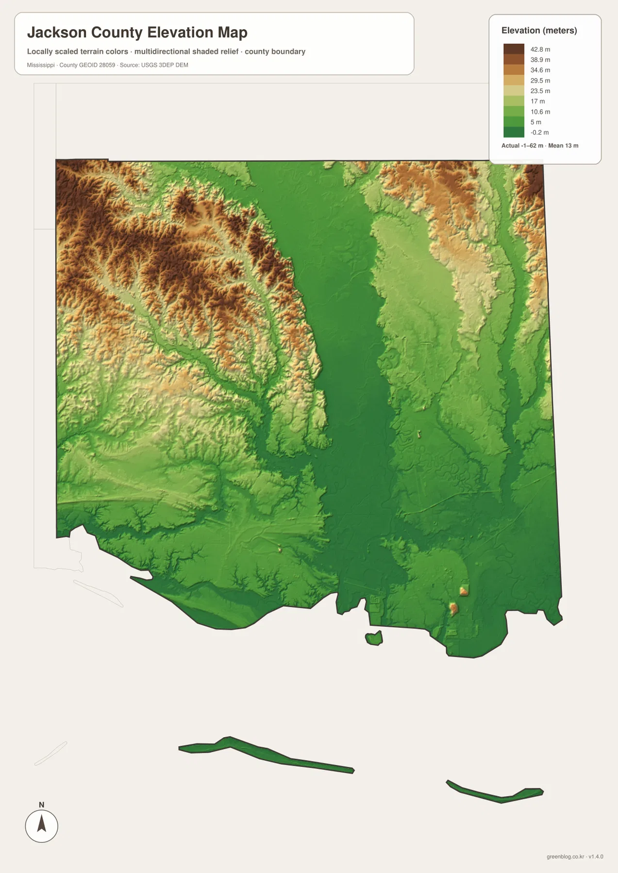 Jackson County Mississippi elevation map showing a range of about -1 to 62 meters and low coastal terrain