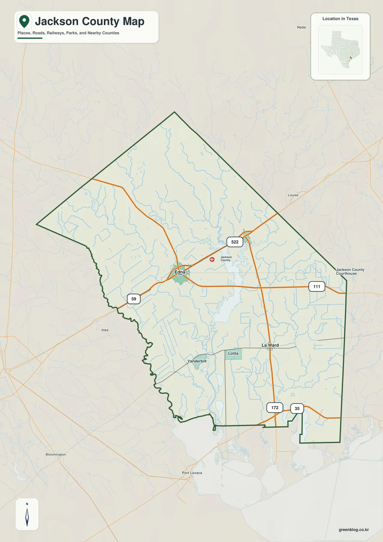 Jackson County Texas map showing Edna, roads, communities, and the county boundary