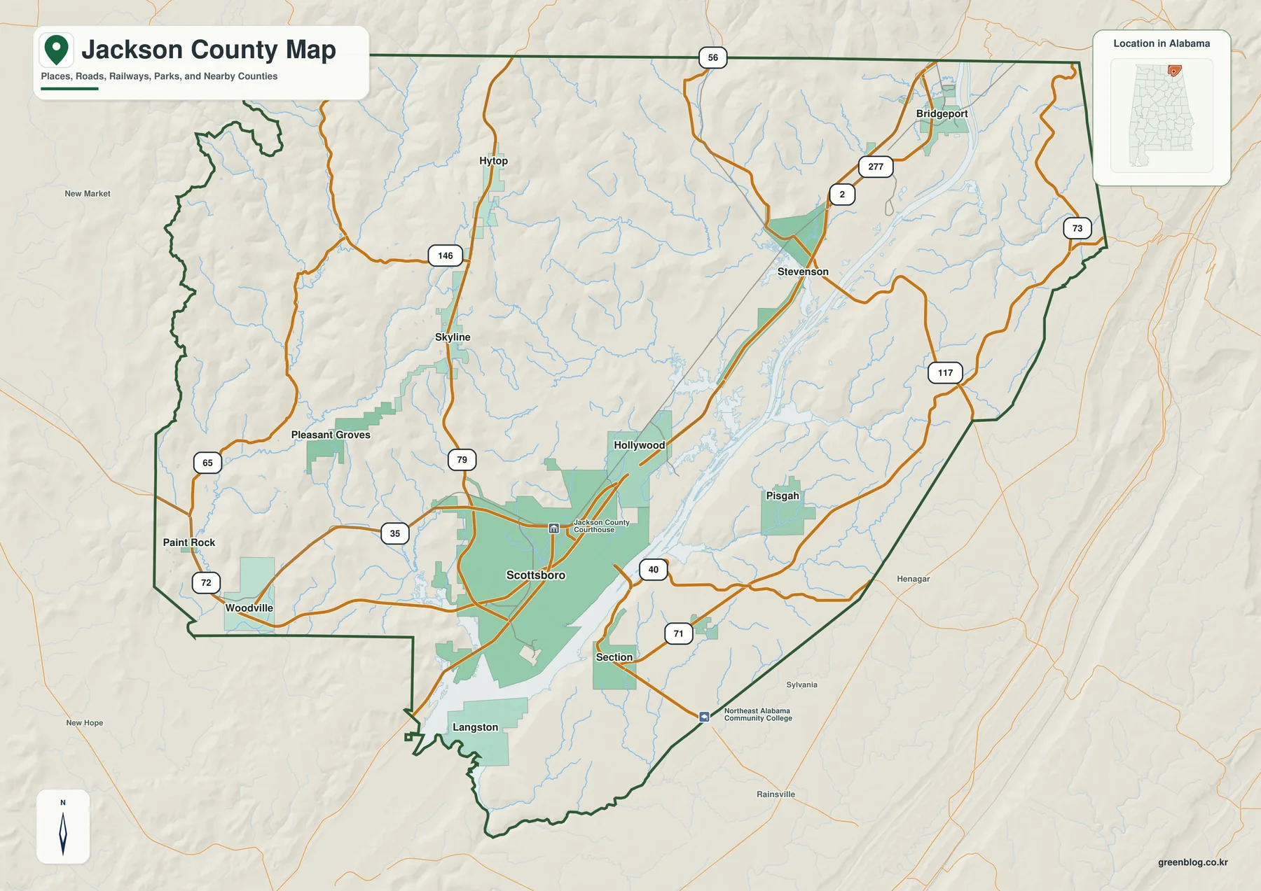 앨라배마주 잭슨 카운티 지도에 표시된 Scottsboro, 주요 도로, 하천과 카운티 경계
