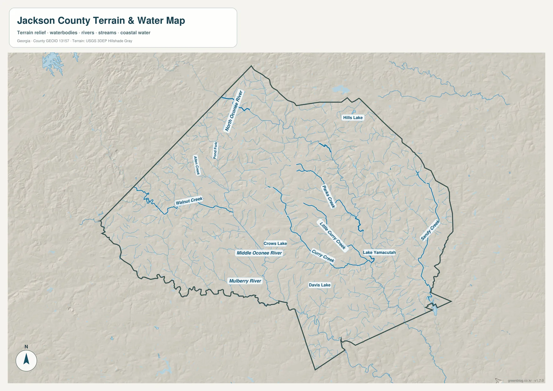 잭슨 카운티 수역 지도에 표시된 North Oconee River, Middle Oconee River, Mulberry River, Walnut Creek, Parks Creek, Curry Creek, Sandy Creek와 호수