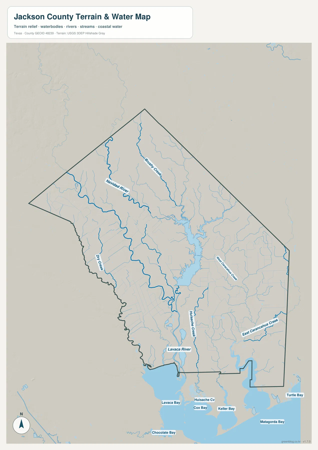 Jackson County Texas water map showing Navidad River, Lavaca River, creeks, and coastal bays