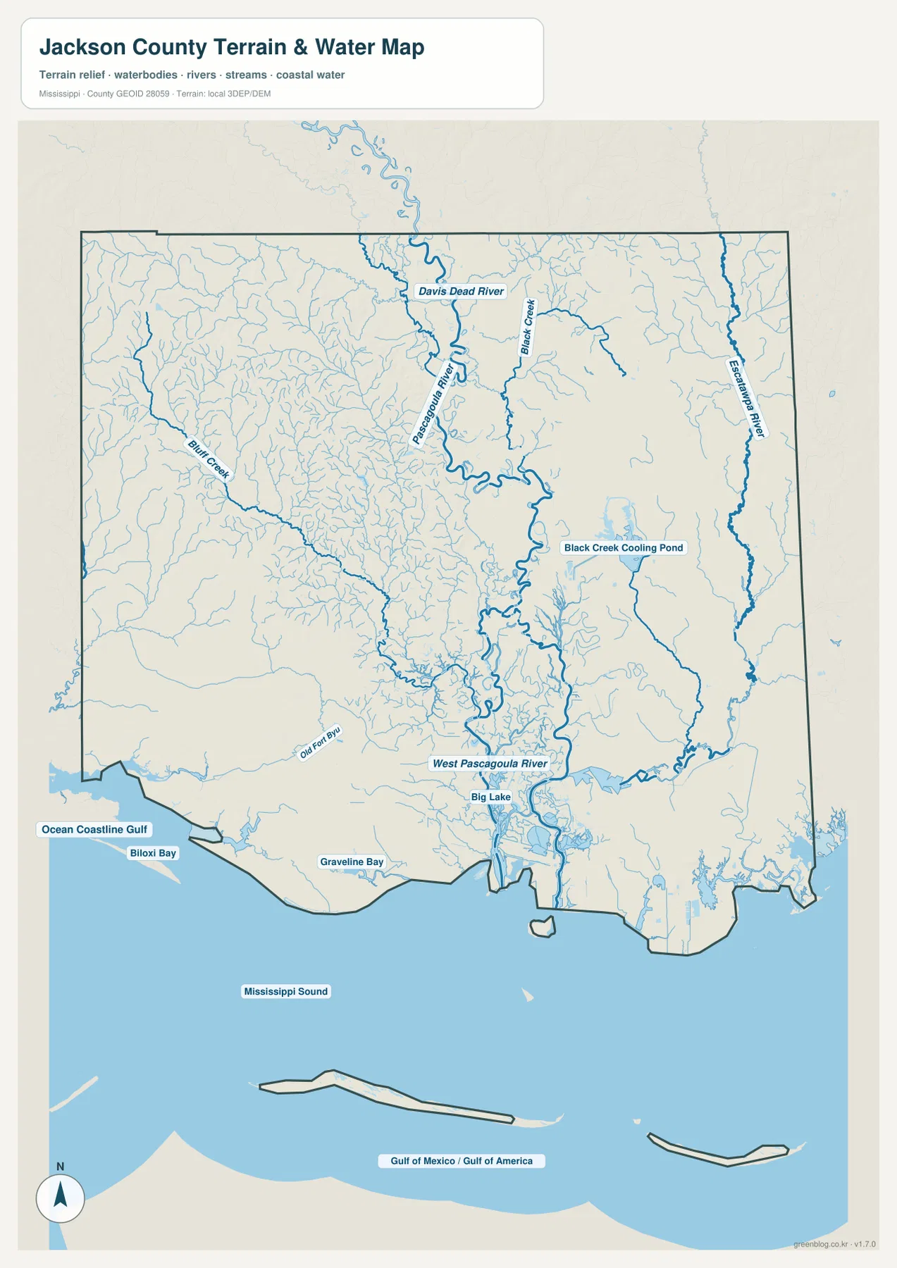 Jackson County Mississippi water map with Pascagoula River, Escatawpa River, West Pascagoula River, bays and Mississippi Sound