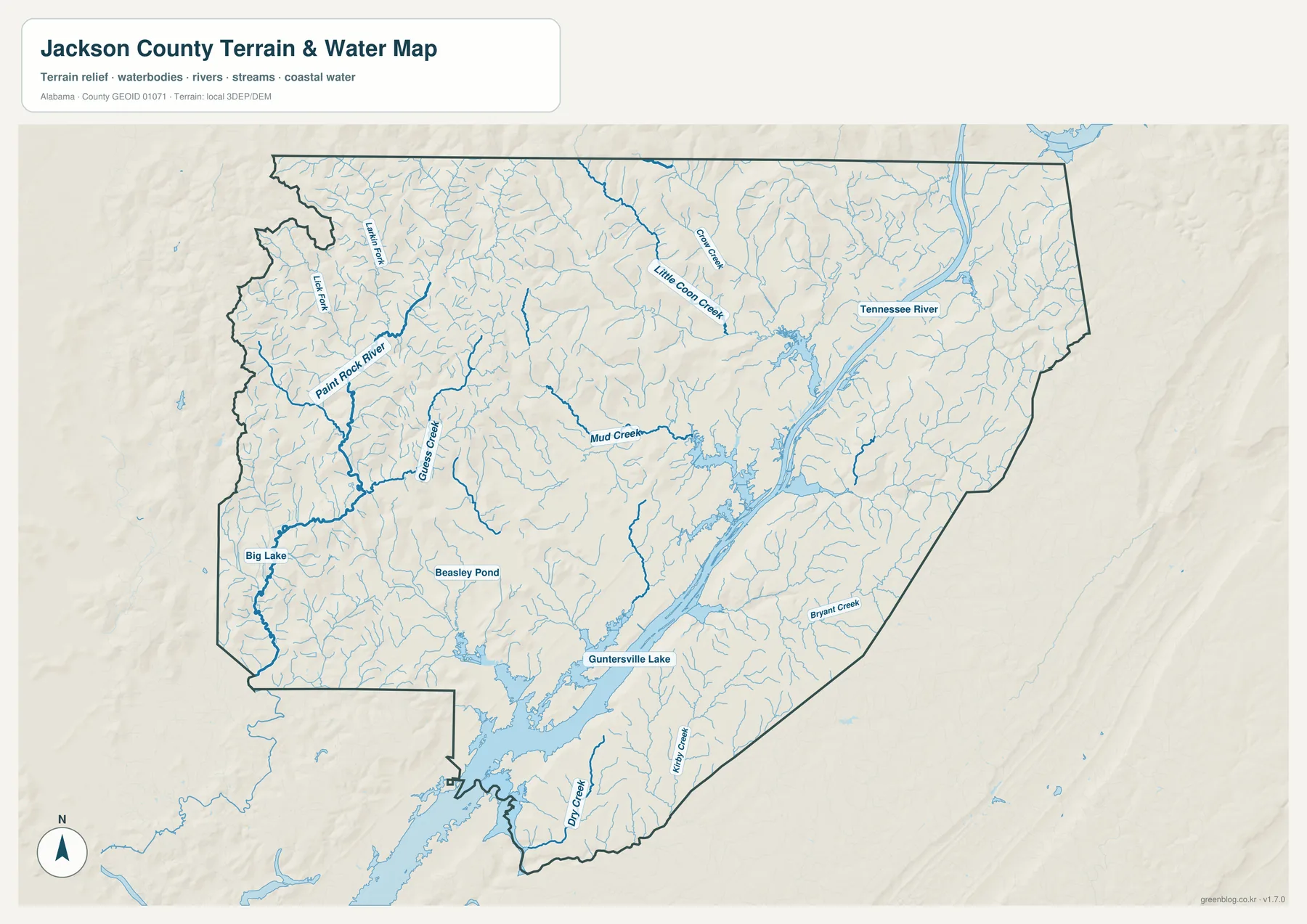 Jackson County 수역 지도에 표시된 Tennessee River, Guntersville Lake, Paint Rock River와 주요 지류