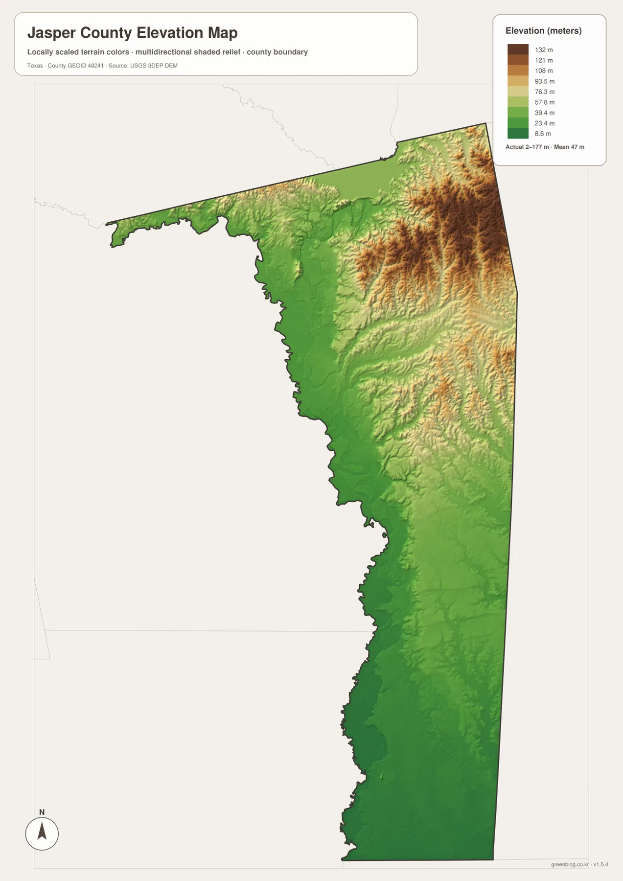 Jasper County elevation map showing higher eastern ridges and lower western and southern terrain