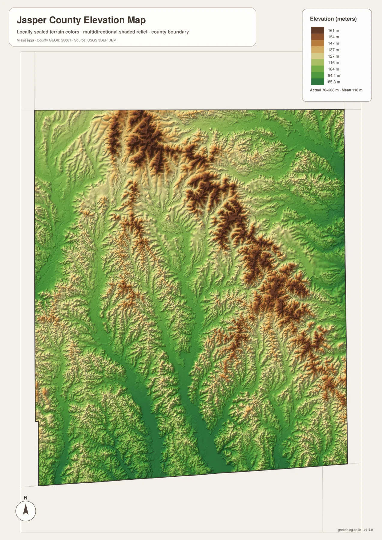 Jasper County elevation map showing 76 to 208 meter terrain and a lower central corridor